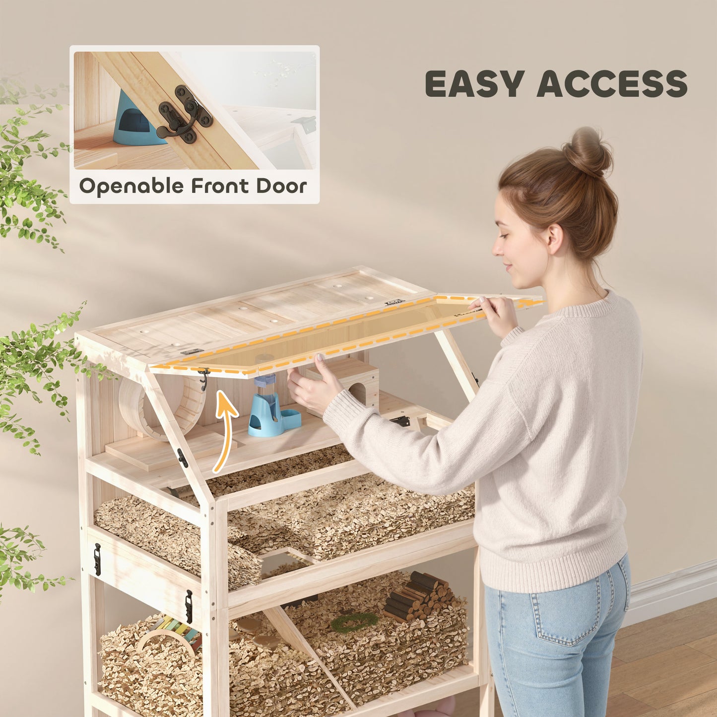 Wooden Hamster Cage with Detachable Lower Floor, Storage Shelf, Hut, Seesaw, Exercise Wheel, Ramps for Hamster
