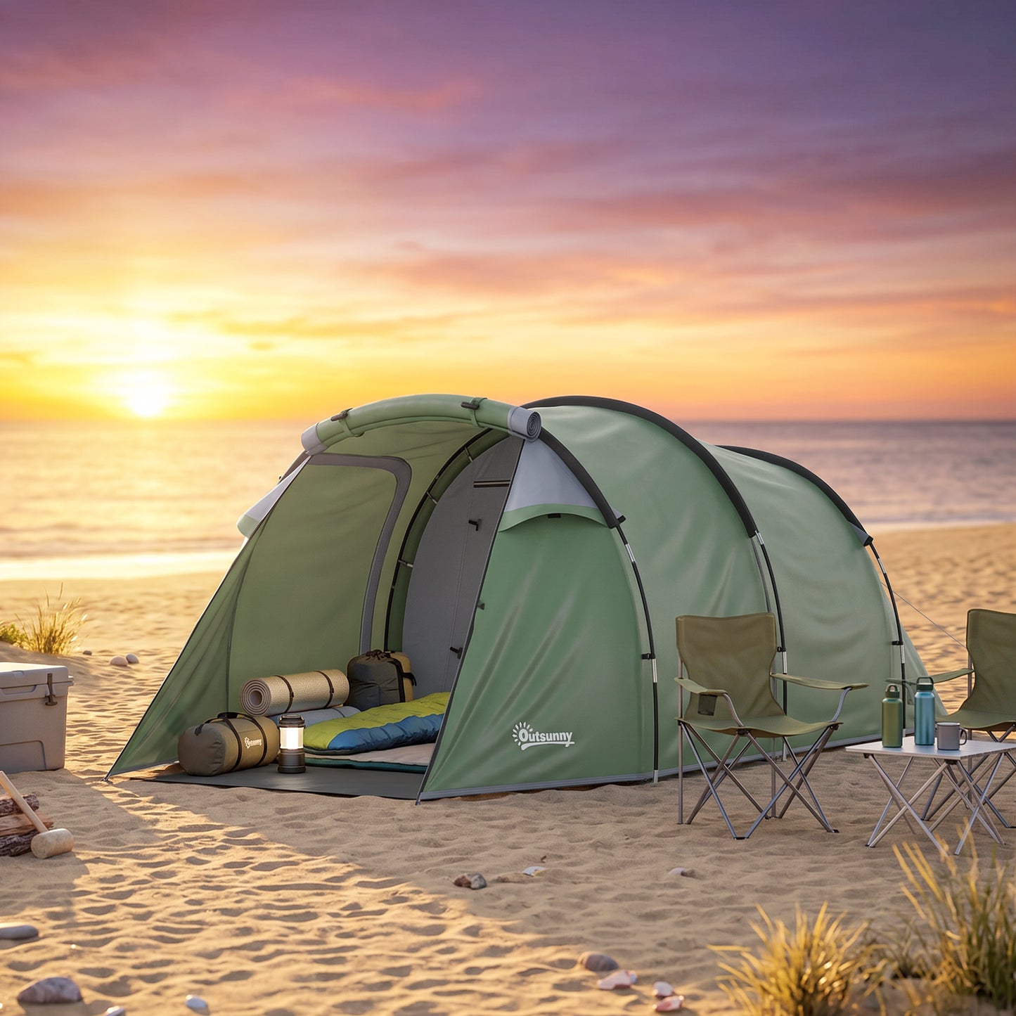 2 Man Tunnel Tent with Sewn-in Groundsheet, Air Vents, Rainfly, 2000mm Large Camping Tent with Bedroom, Porch