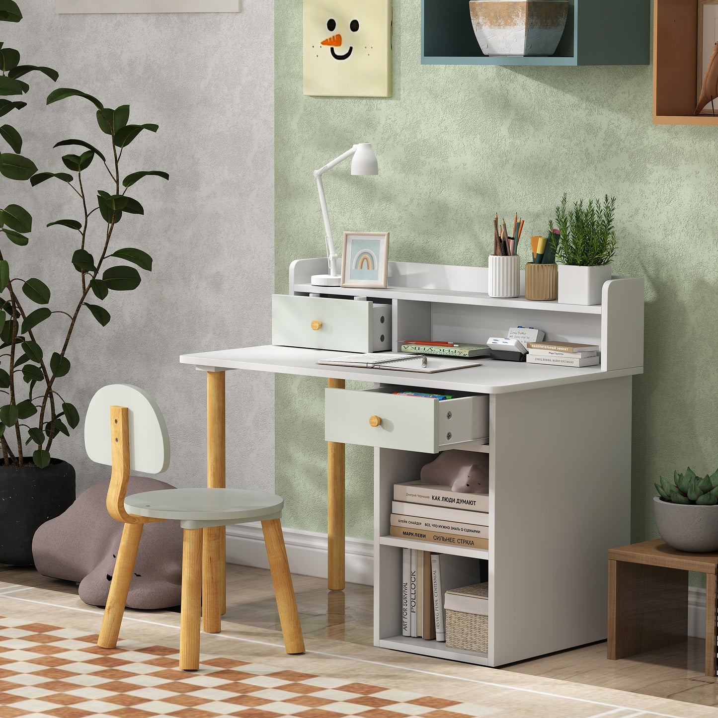Two-Piece Children Study Table with Hutch, Kids Desk and Chair Set with Storage, Drawer, Shelves, Green