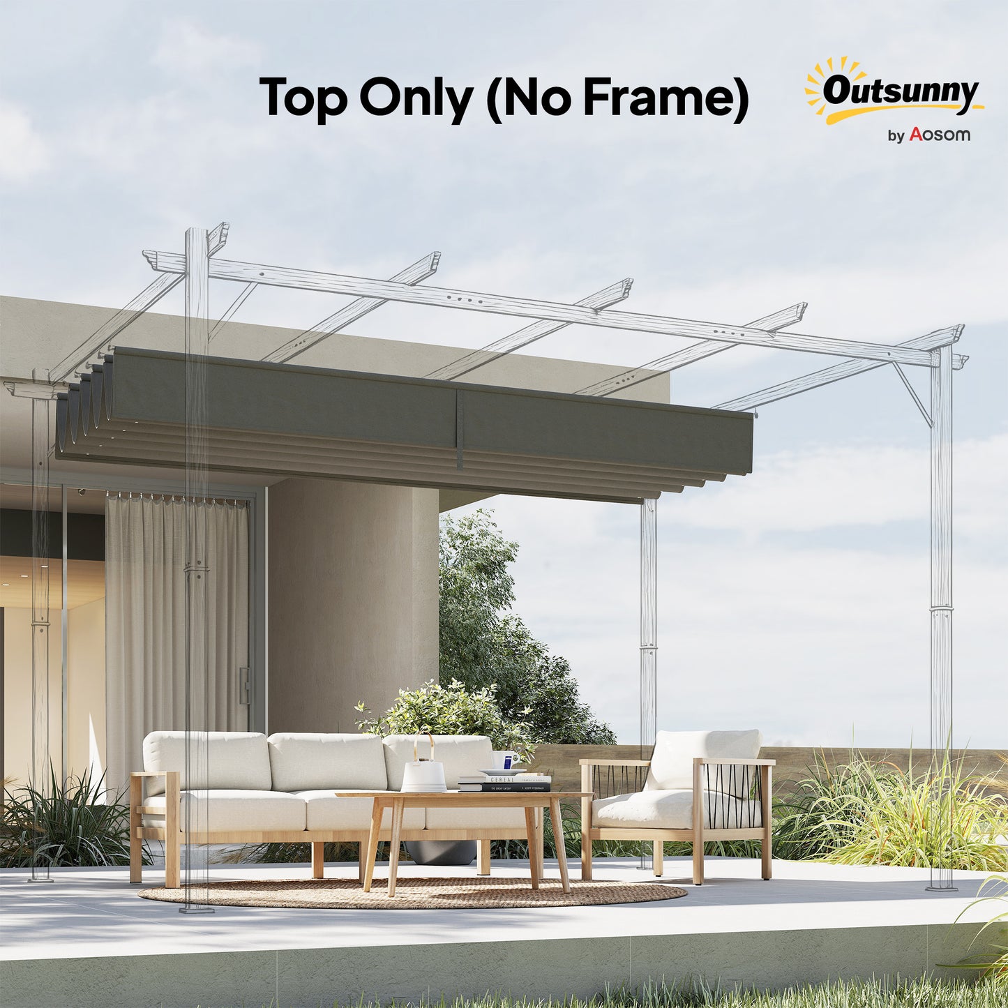 Retractable Pergola Cover, 3.5 x 2.6 m Replacement Canopy Fabric for 4 x 3 m Frame, Roof Top Only, Light Grey