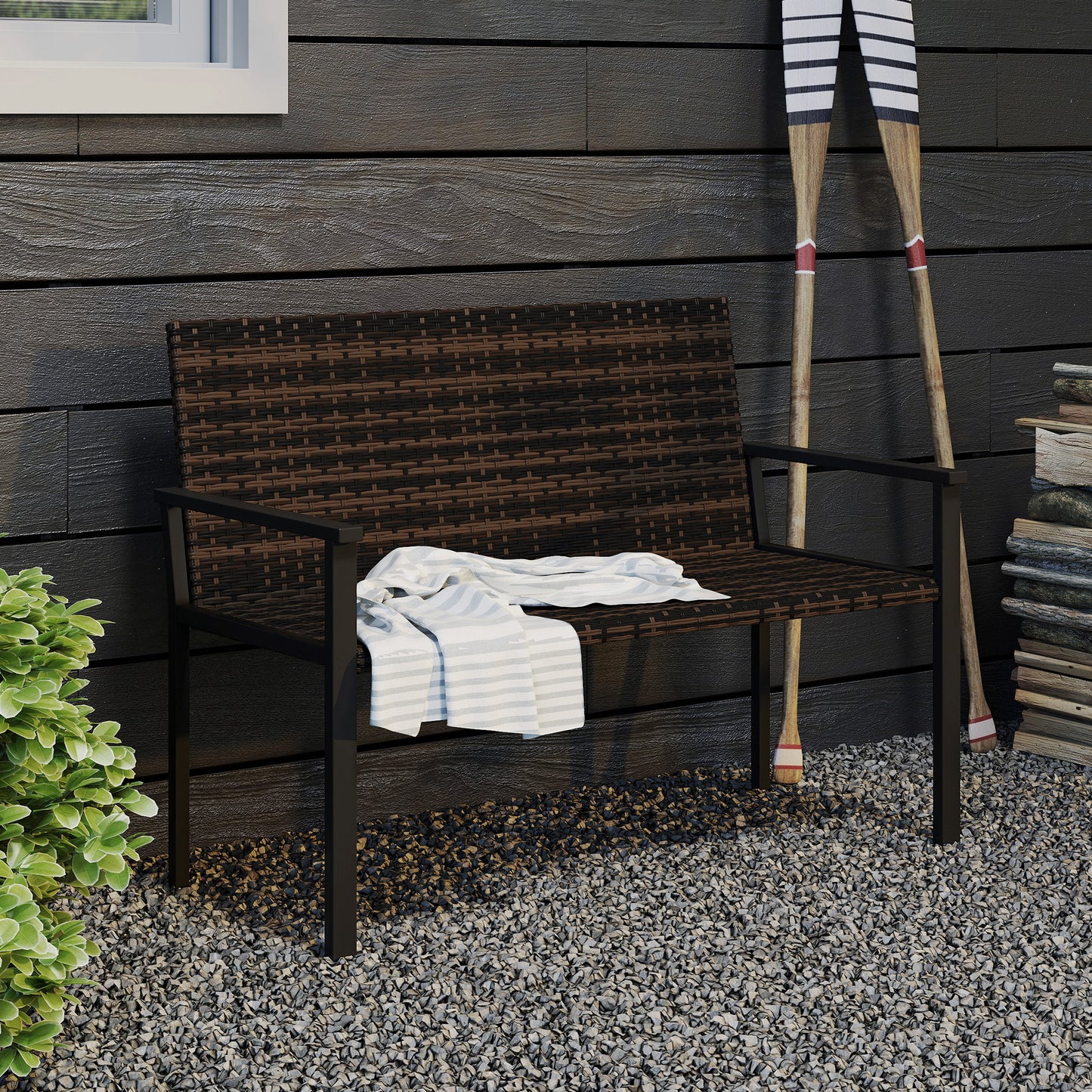 2 Seater Rattan Garden Bench, Outdoor Bench with Quick-Drying Cotton Padding, Wicker Garden Loveseat with Armrests