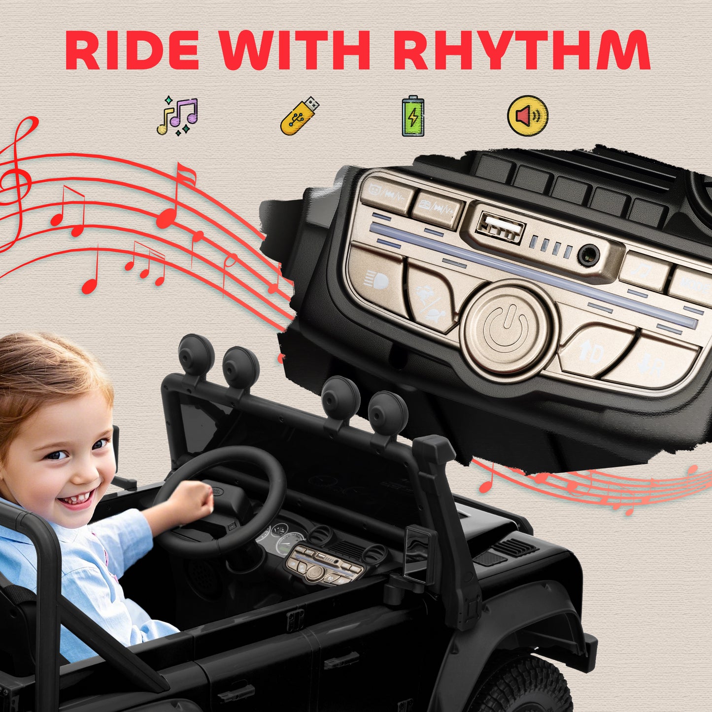 Kids Ride On Car with Remote Control, Music, Horn, 4 Spring Suspension Wheels, LED Lights for 3-5 Years Old, Black