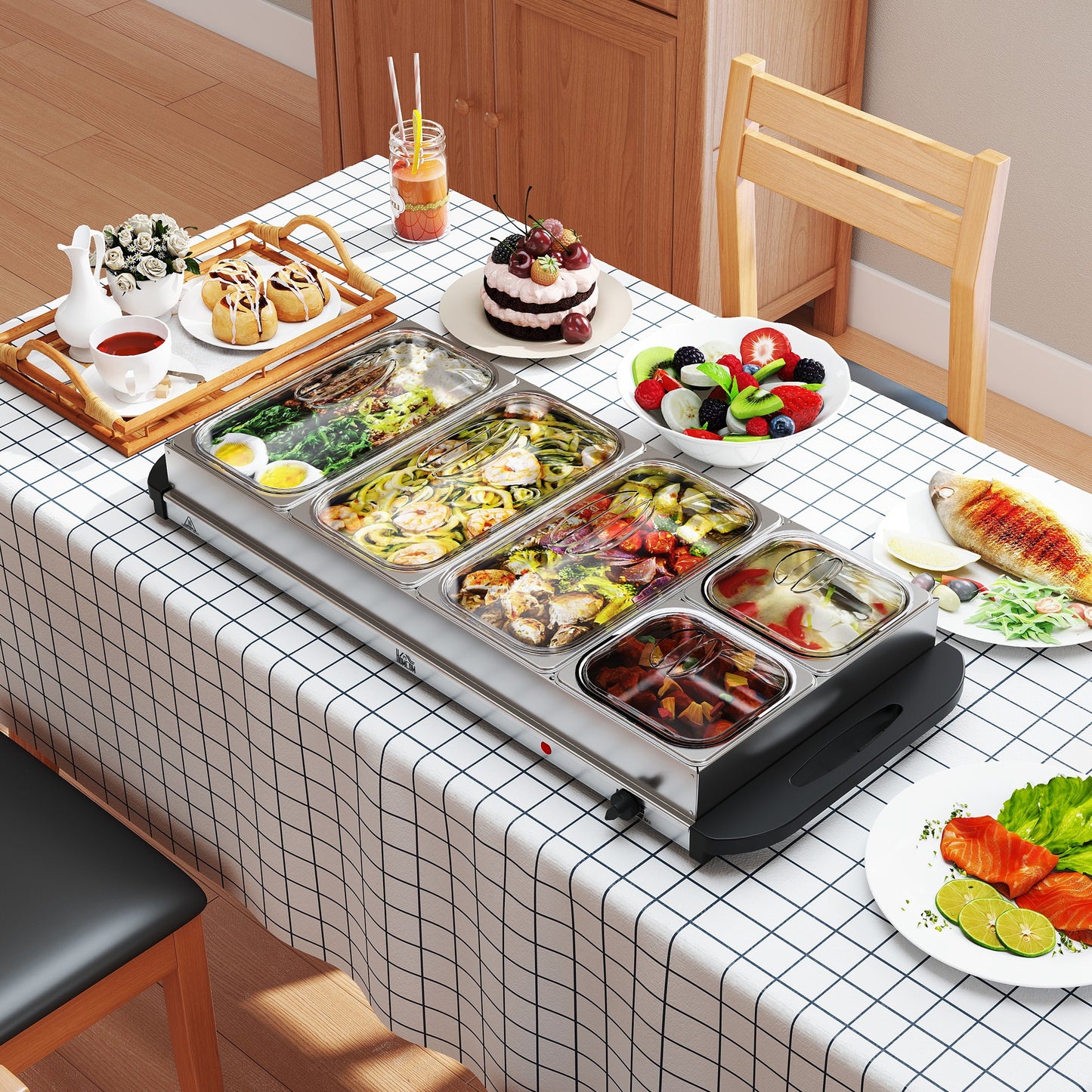 5 Tray Electric Food Warmer Buffet Server with Warming Plate, Cool Touch Handles, Adjustable Temperature, 300W