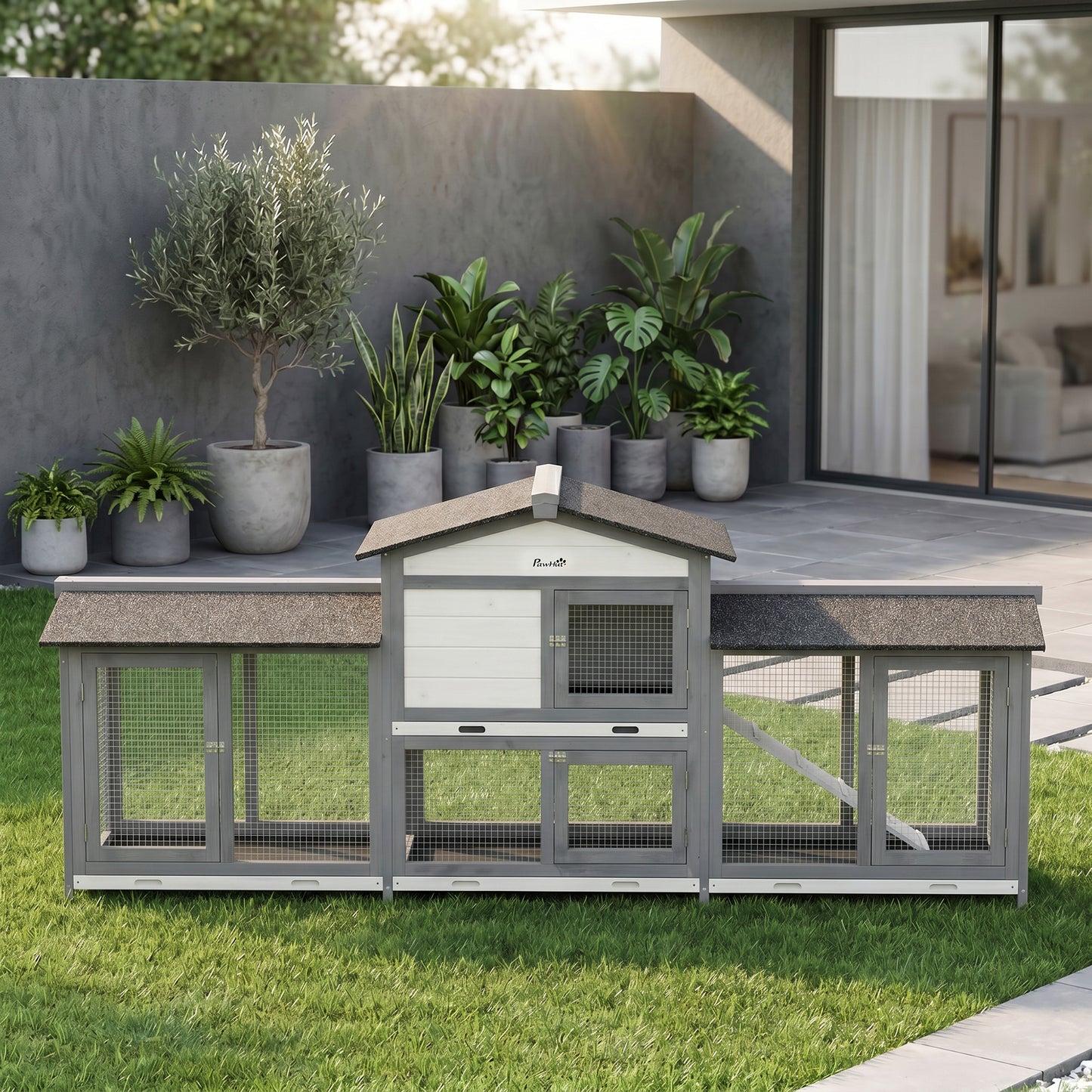 2-Tier Large Rabbit Hutch Outdoor with Double Side Run Boxes, No-leak Plastic Tray, Ramp, 230 x 53 x 93.5cm, Light Grey