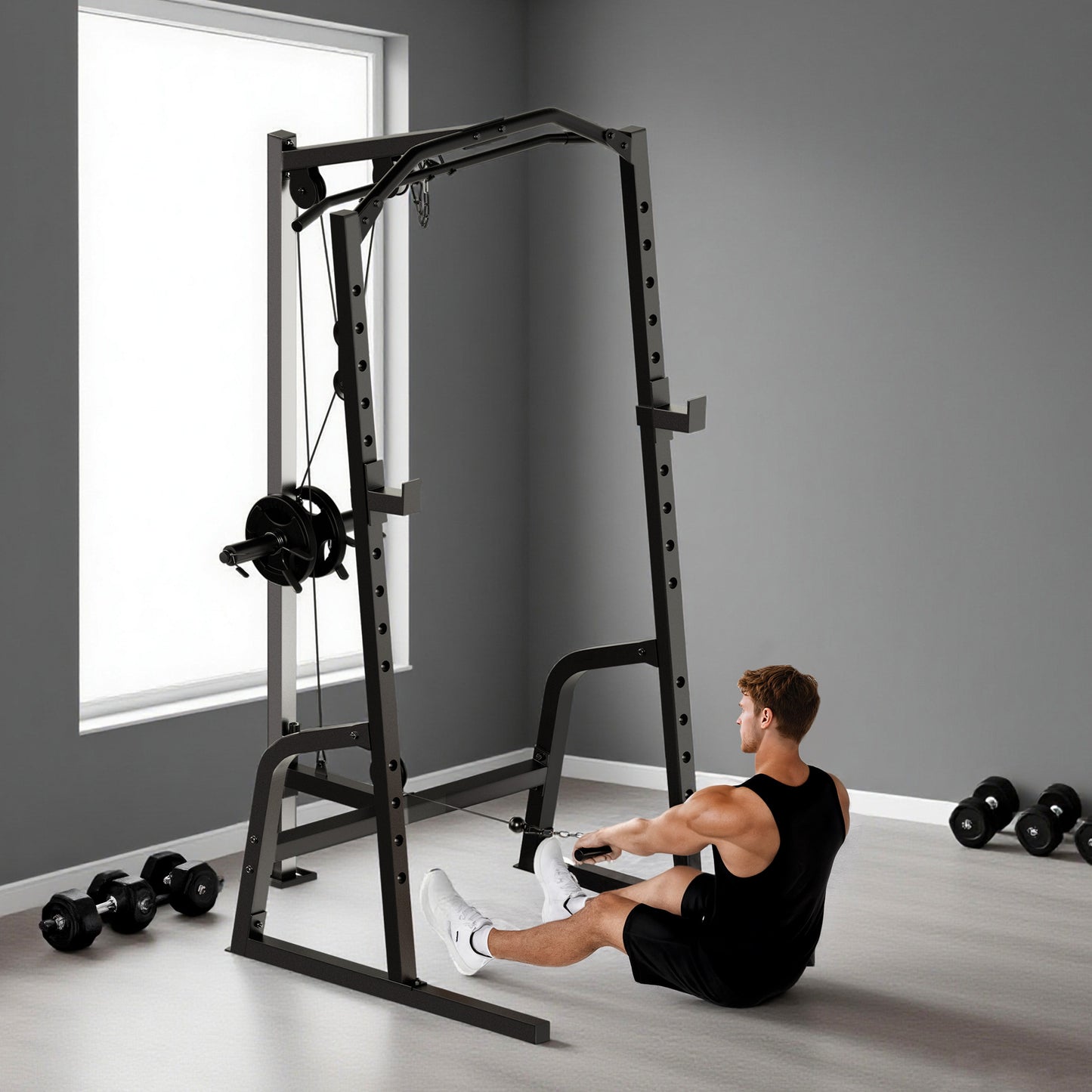 Power Cage Power Rack with 15-Level Squat Rack, Cable Pulley System, Lat Pulldown & Pull Up Bar