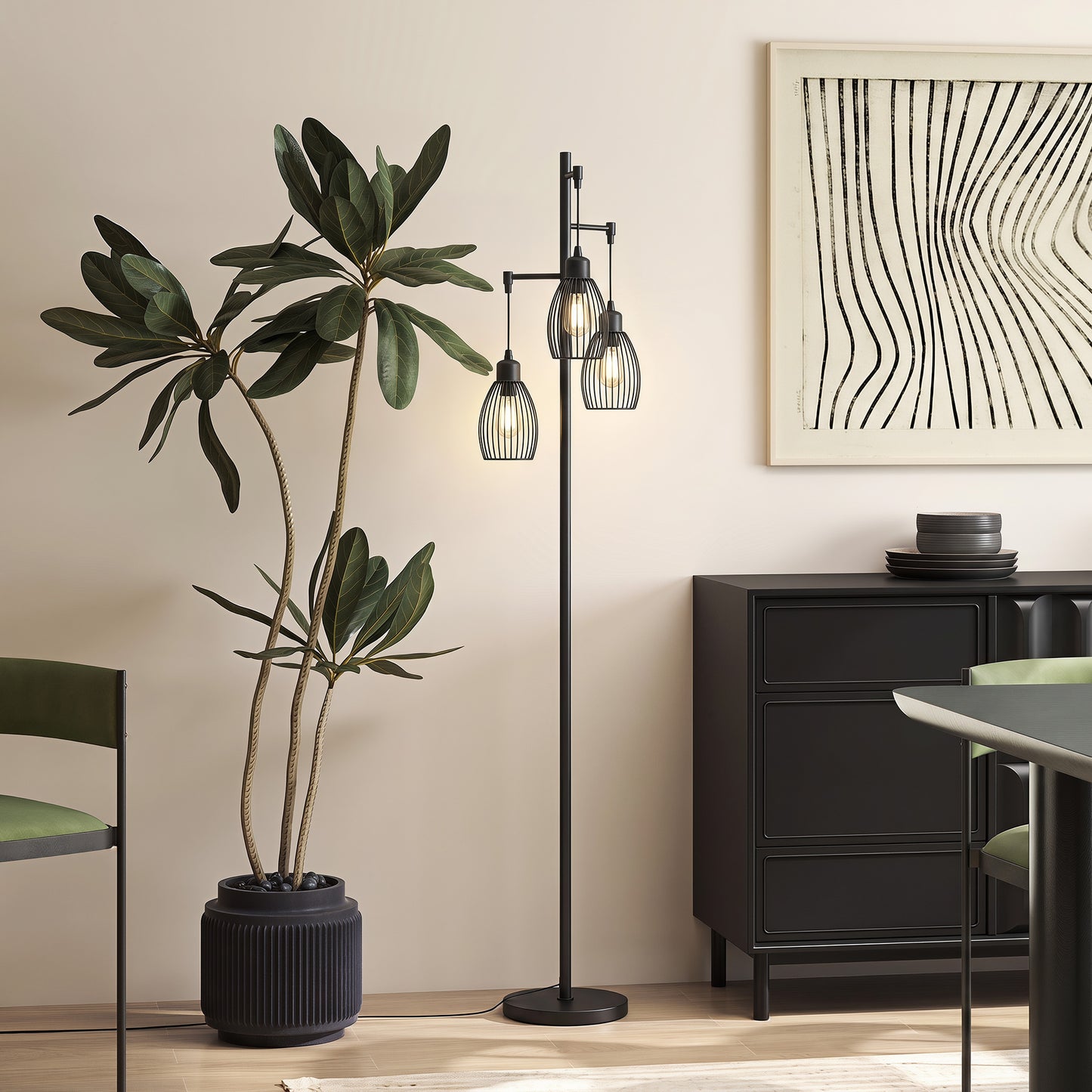 3-Light Floor Lamp, 170cm Industrial Dimmable Standing Lamp with Steel Wire Cage Lampshades for Living Room, Bedroom
