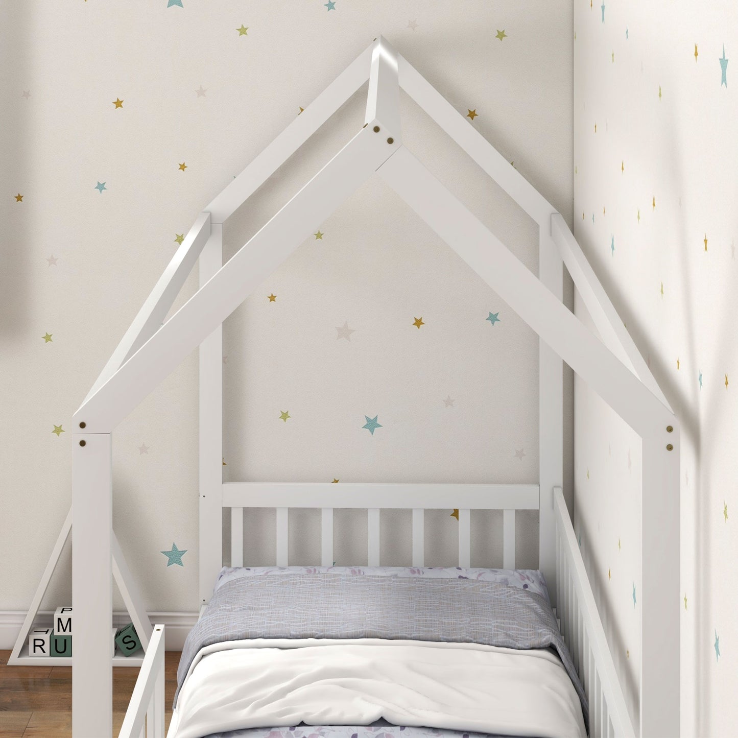 House-Shaped Kids Bed Frame with Guard Rails, Solid Pine Wood Single Bed Frame for Kids Boys and Girls