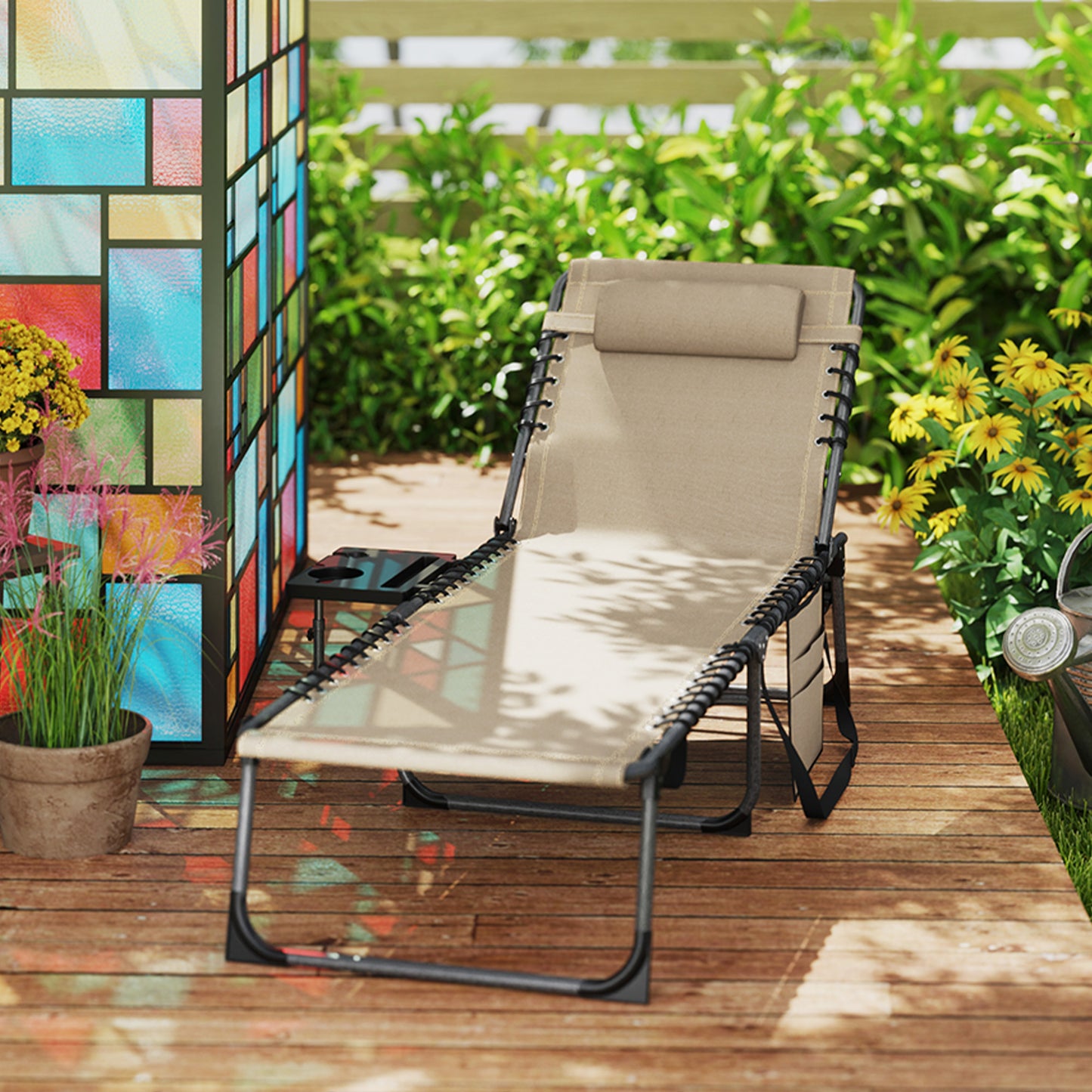 Five-Position Reclining Sun Lounger - Beige