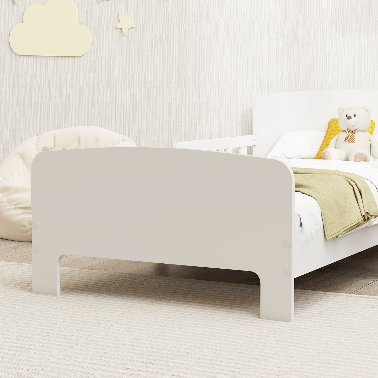 Toddler Bed, Kids Bed Frame with Safety Side Rails, Kids Bedroom Furniture for Ages 3-8 Years, White