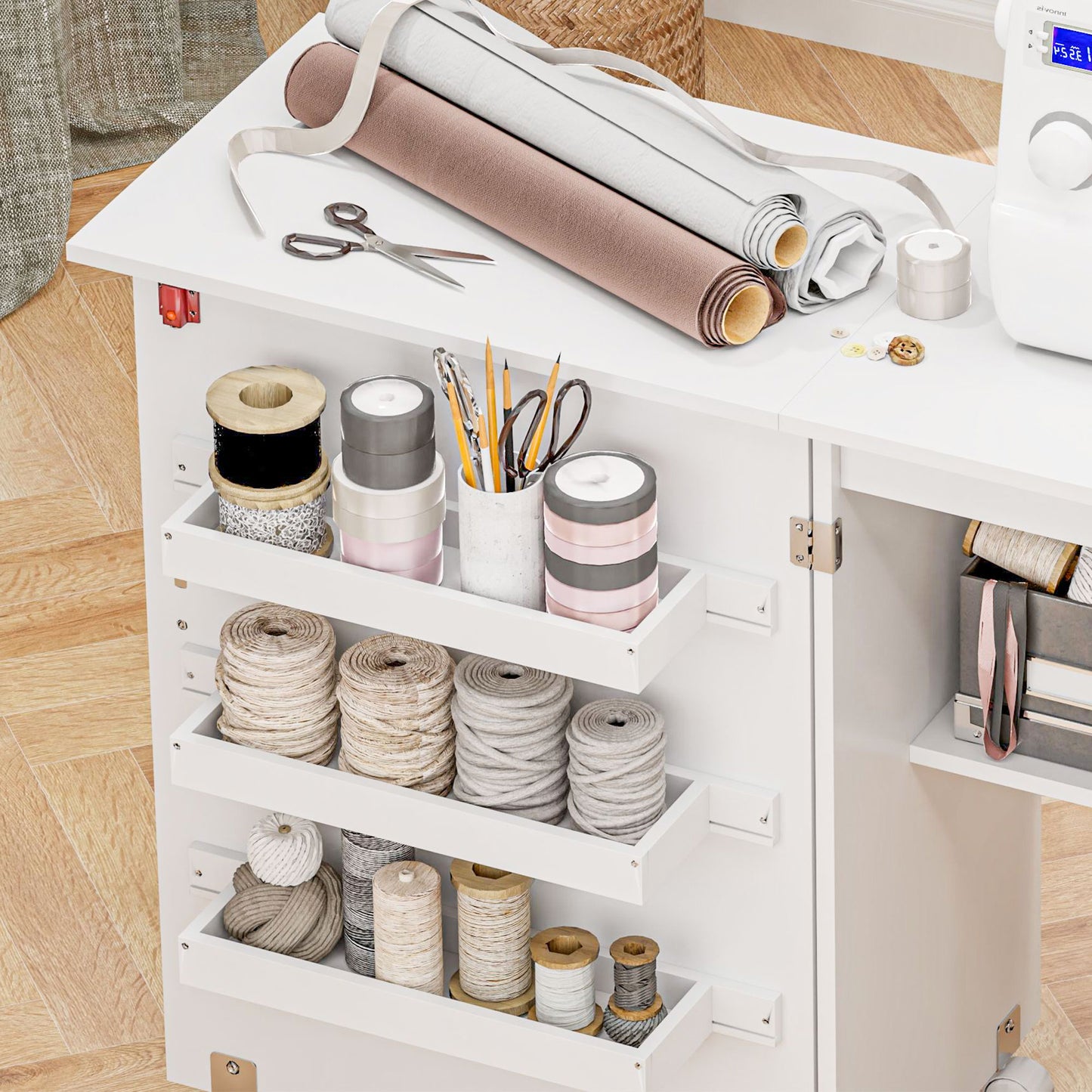 Folding Sewing Table, Drop Leaf Craft Table with Storage Bins, Open Shelf and Wheels