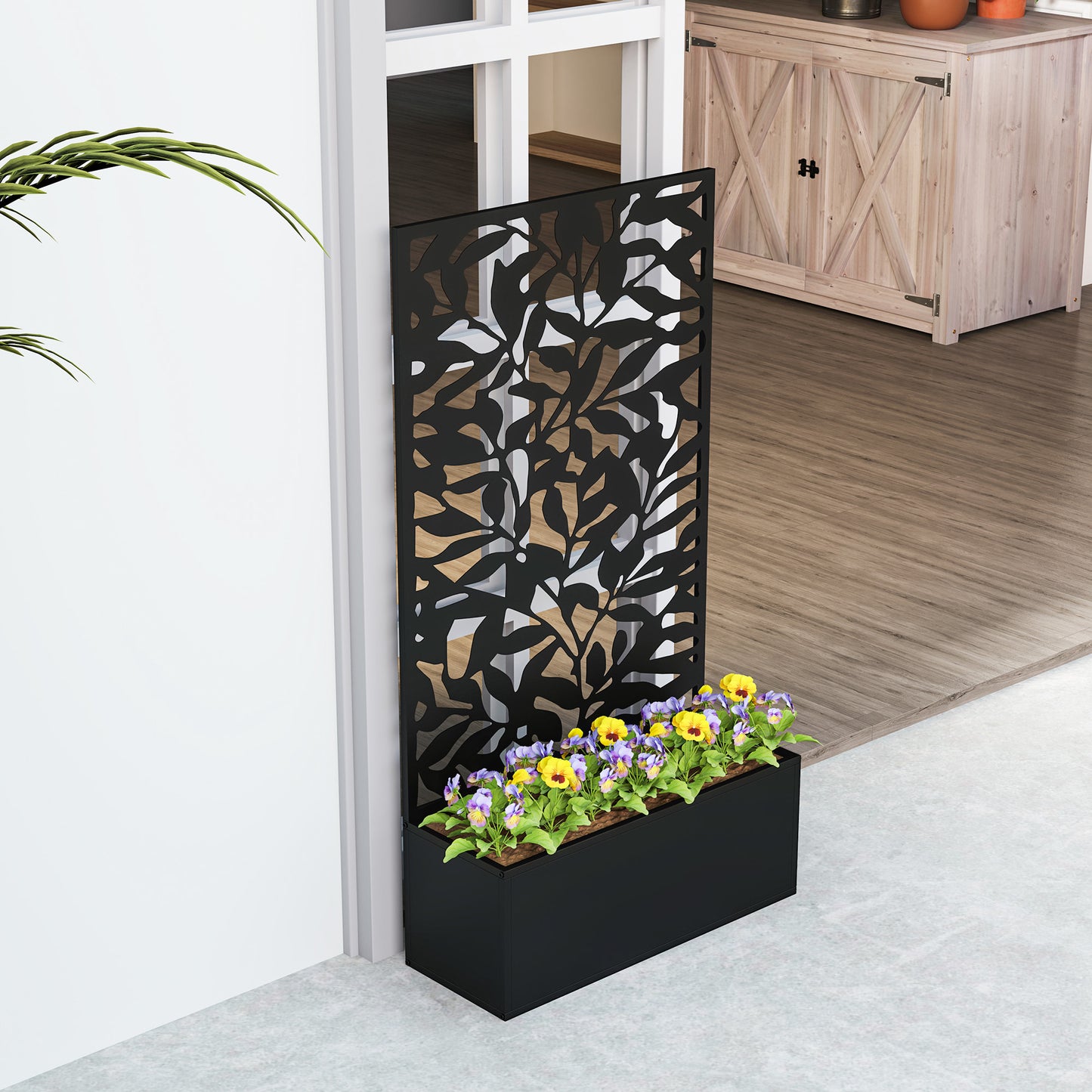 Metal Garden Bed with Trellis, Wall Mounted or Freestanding Raised Planter with Privacy Panel, Black