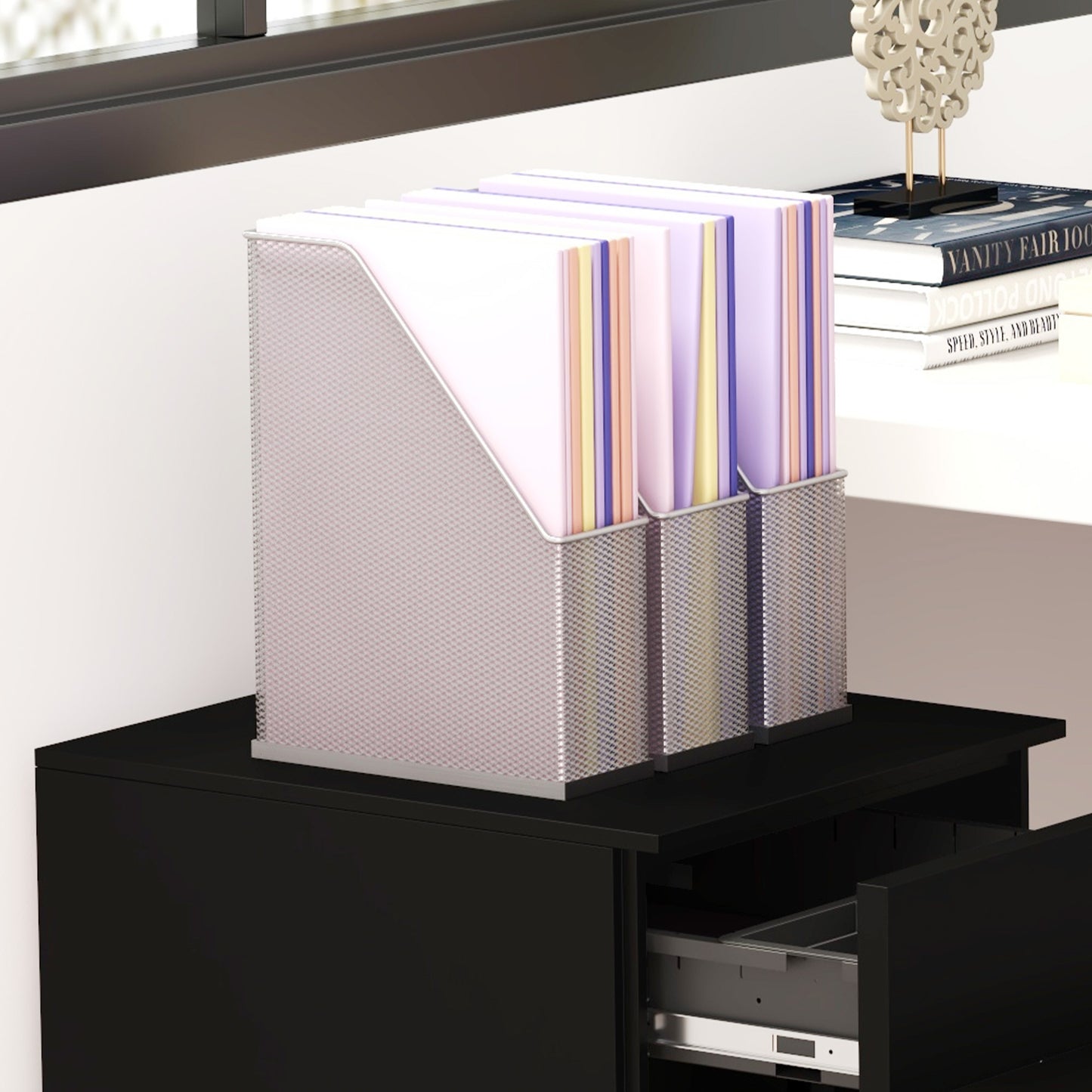3-Drawer Vertical Filing Cabinet with Pencil Tray, Lock and 5 Wheels, Steel Mobile File Cabinet, for A4