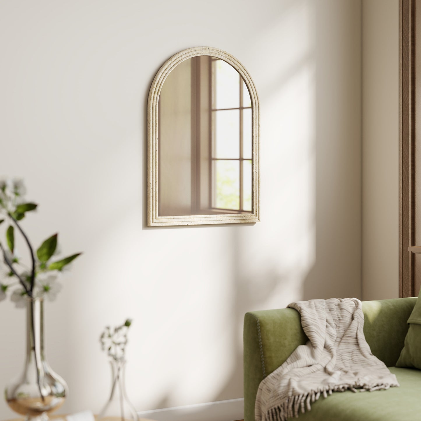 Arched Wall Mirror with Grooved Edge & Hooks, Wall-Mounted Mirror, Modern Tempered Glass & Polystyrene Beige
