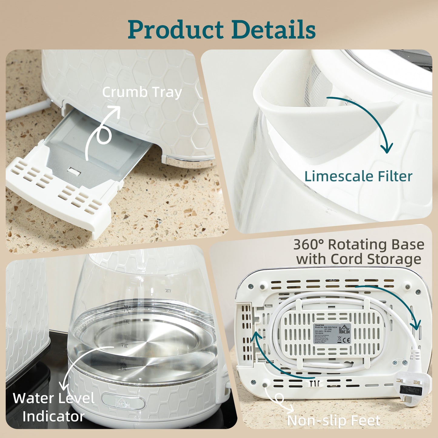 Kettle and Toaster Set, 1.7L 3000W Rapid Kettle with Limescale Filter, 2 Slice Toaster with 7 Browning Controls, Cream