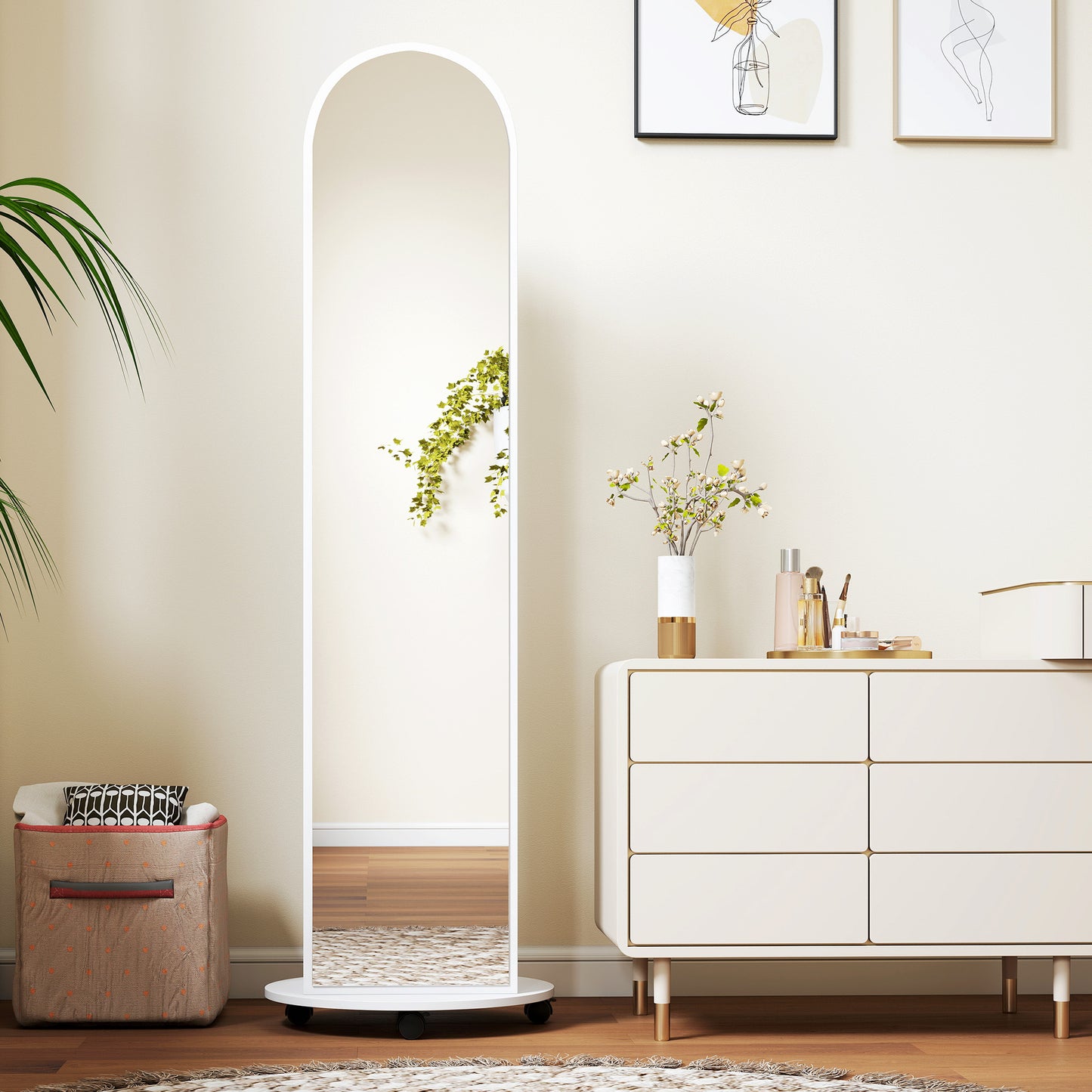 2-in-1 Full Length Mirror with Storage Shelves, Floor Mirror with 4 Wheels, Coat Rack, Hooks, White