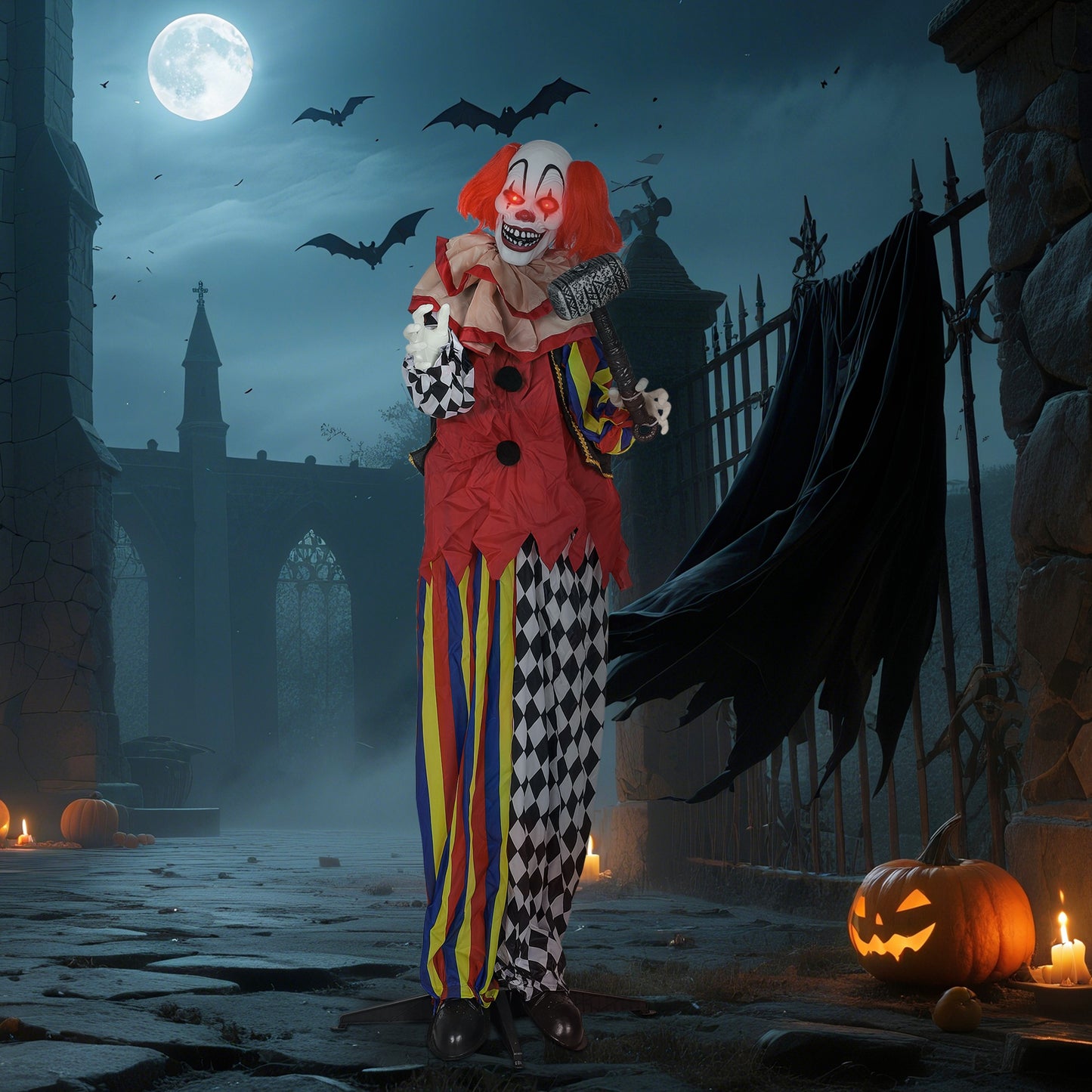 173 cm Life Size Halloween Animated Standing Clown & Hammer with Red Light Up Eyes, Sound Activated Moving Arms & Head
