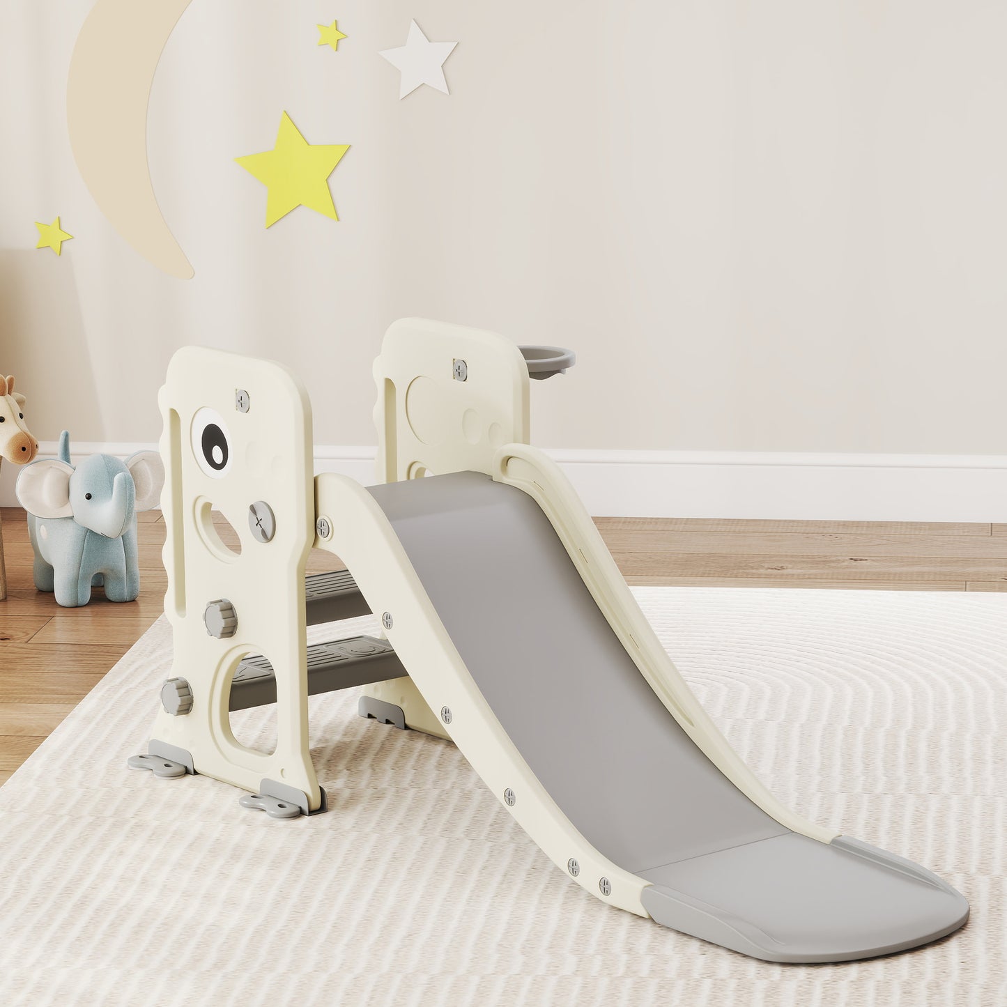 3 in 1 Kids Slide with Climber, Basketball Hoop and Ball, Foldable Indoor Toddler Slide for Ages 2-5, Cream White