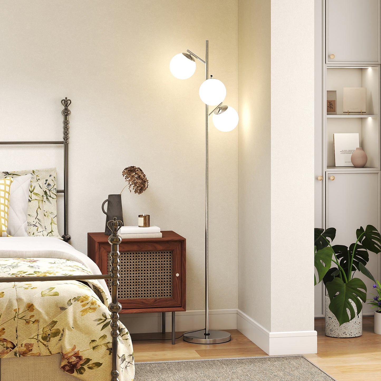 3-Light Tree Floor Lamps for Living Room, Modern Standing Lamp for Bedroom with Globe Lampshade