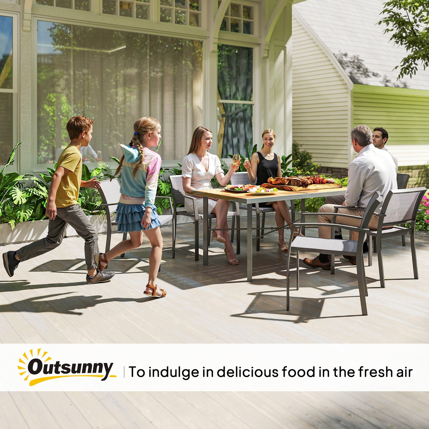Garden Table for 6, 150 cm Rectangular Outdoor Dining Table with 5 cm Umbrella Hole, Wood Effect Top, Rust Resistant Frame