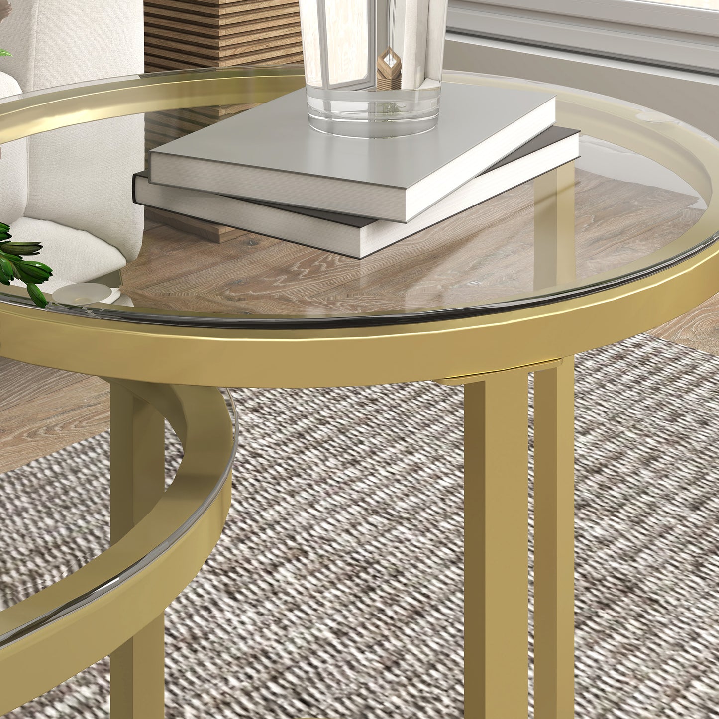 Nest of Tables with Steel Frame and Tempered Glass Tabletop, Modern Coffee Table Set of 2, Clear
