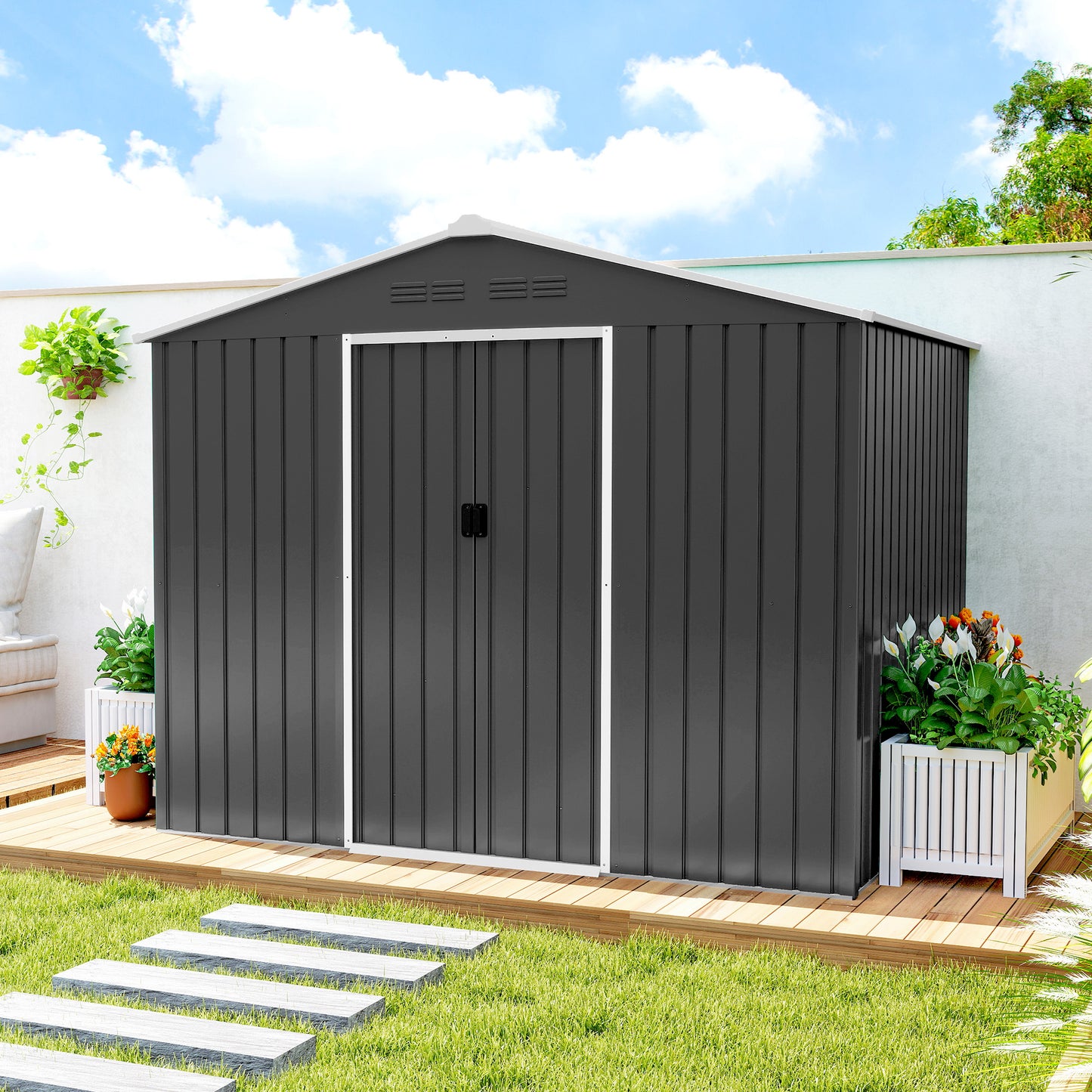 8 x 6ft Galvanised Steel Shed, with Double Door - Dark Grey