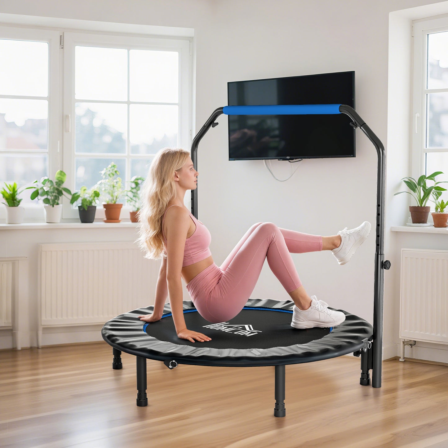 48" Foldable Mini Fitness Trampoline, with Adjustable Foam Handle, Blue