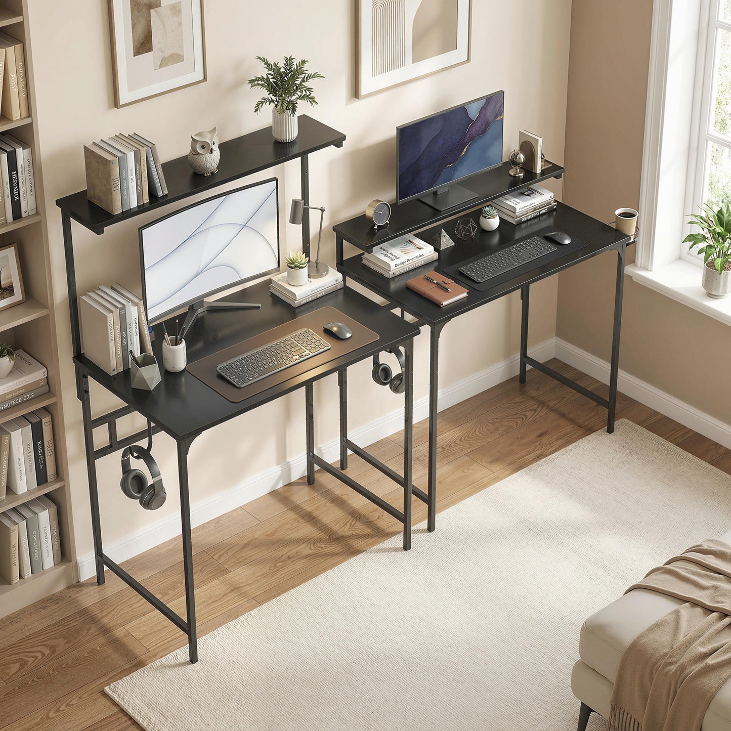 Computer Desk, 80cm Home Office Study Table with Hutch Shelf, Cup Holder, Headphone Hook, Black