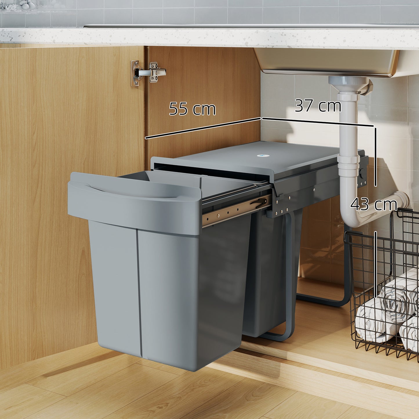 Pull Out Bin, Kitchen Under Sink Bin with 2 Removable Compartments, Smooth Glide, Grey