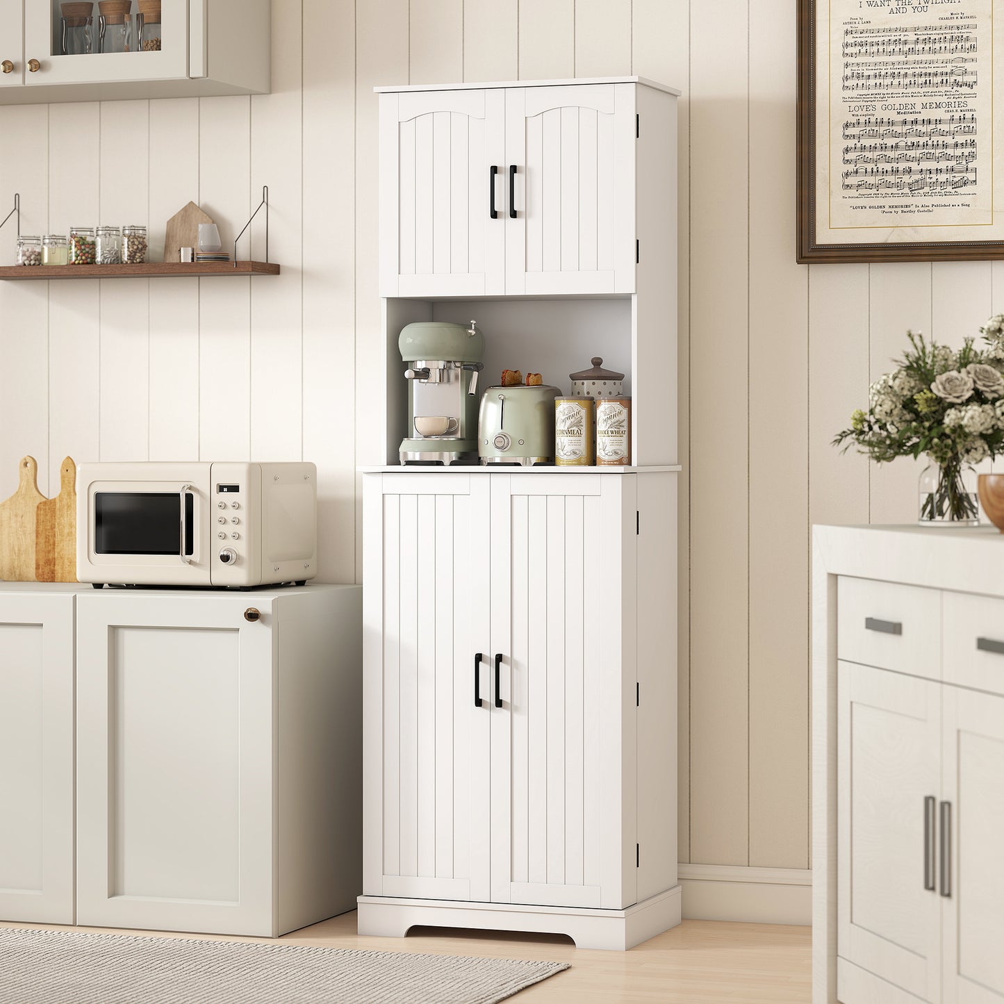181.5 cm Freestanding Storage Cabinet, Tall Kitchen Cupboard with Adjustable Shelves, 8 Door Spice Racks, White
