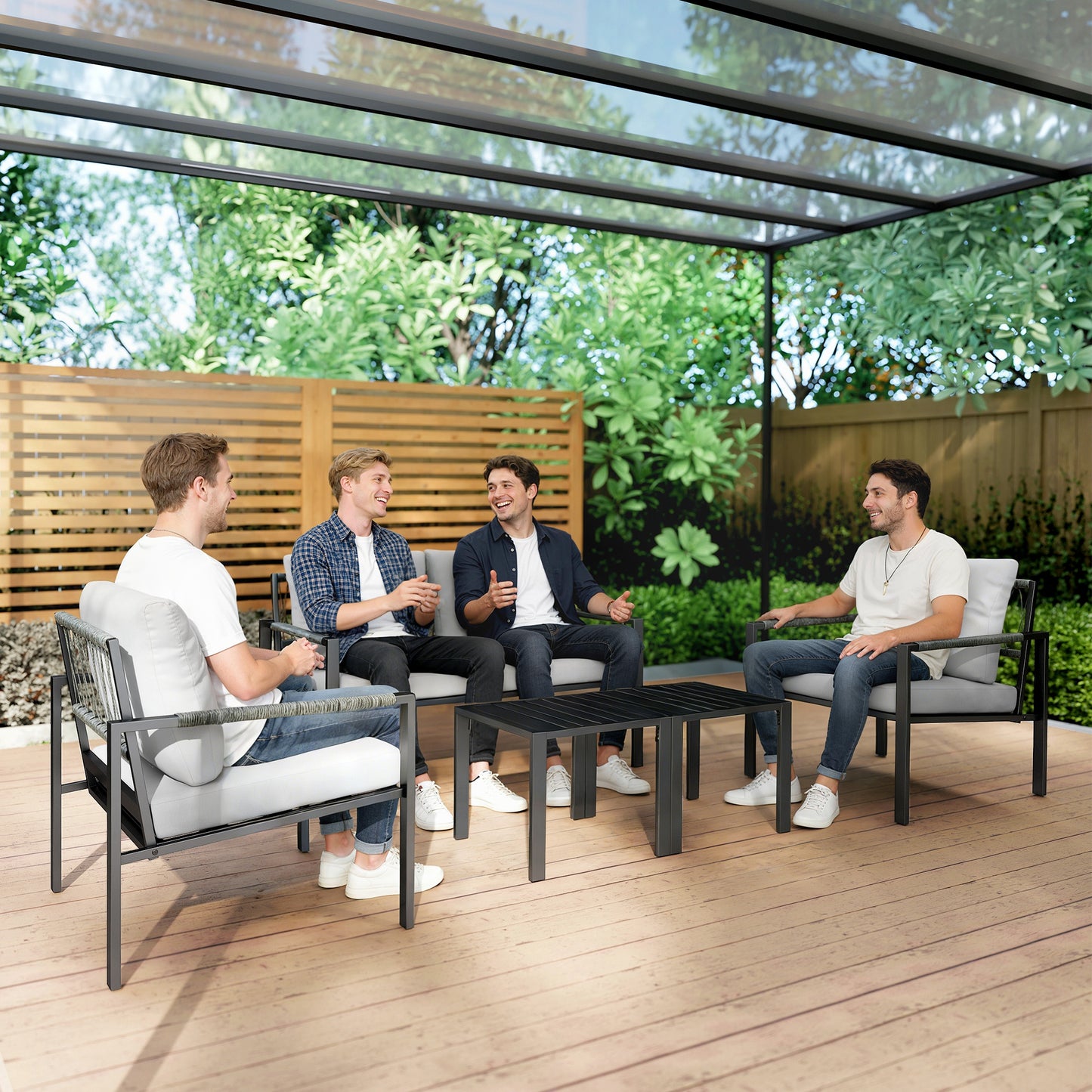 5 Piece Metal Garden Furniture Sofa Set with Thickened Cushions, Loveseat, 2 Armchairs, 2 Coffee Tables, Light Grey