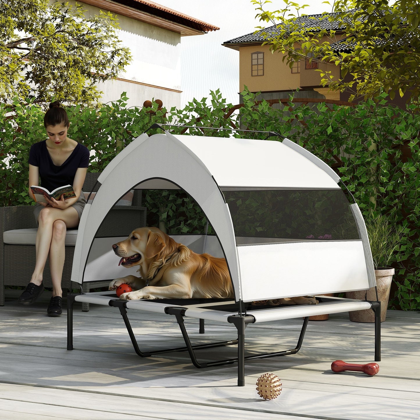 Portable Elevated Dog Bed with Removable Canopy, Cooling Raised Pet Cot for Large Dogs, 106 x 76 x 94 cm