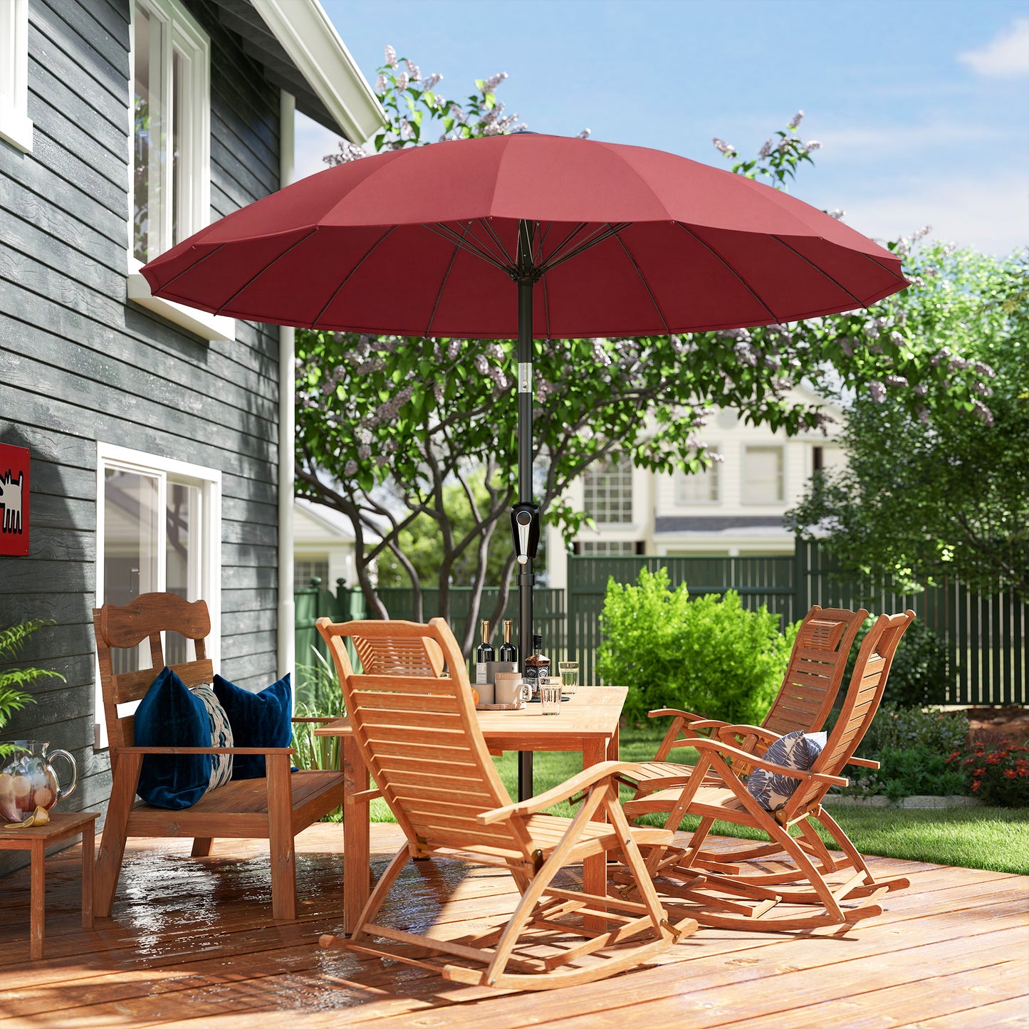 2 m Shanghai Garden Parasol Umbrella with 16 Fibreglass Ribs, Outdoor Parasol Sun Shade with Crank & Tilt, Wine Red