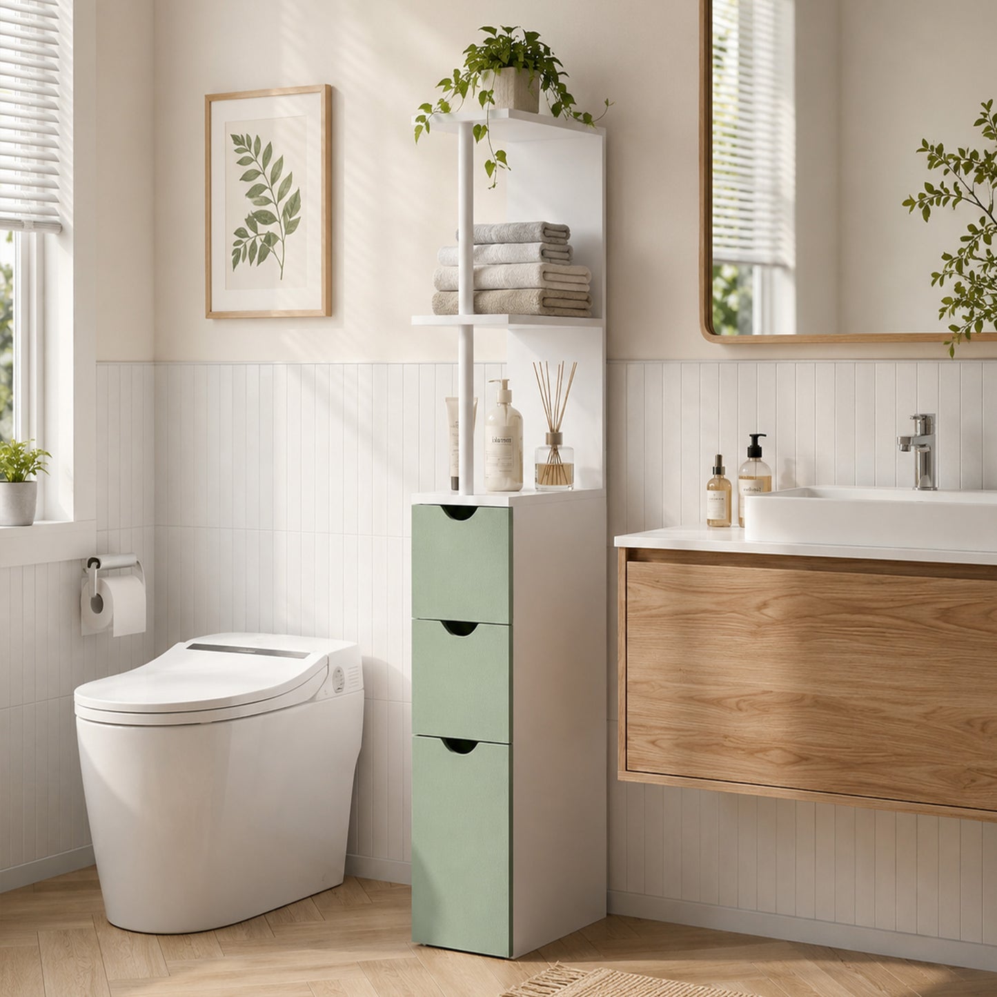 Slim Bathroom Storage Cabinet, Tall Bathroom Floor Cabinet with 2-Tier Shelf and 2 Drawers, White and Light Green