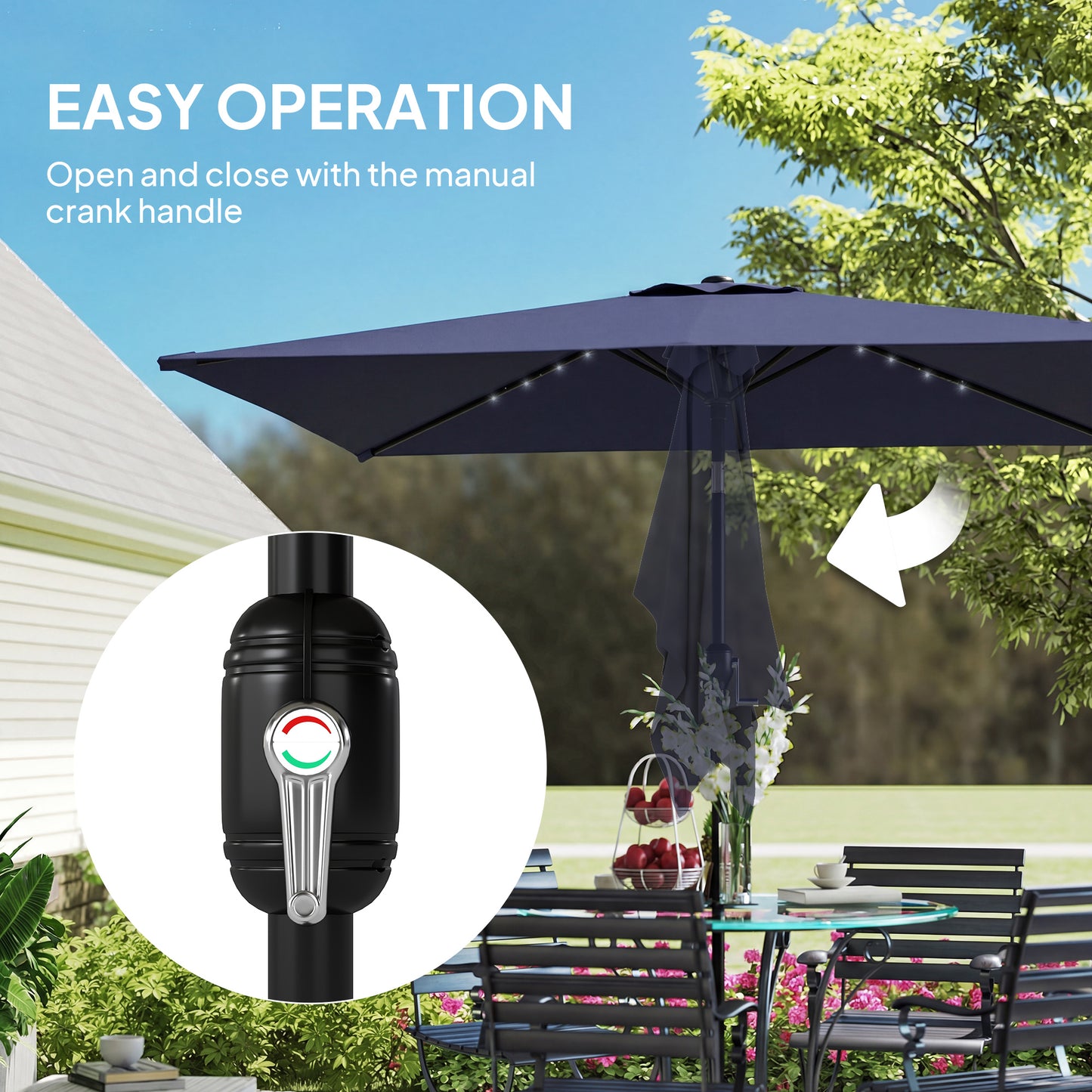 3 x 2 m Garden Parasol Umbrella with LED Solar Light, Parasol Cover, Outdoor Market Patio Umbrella, Navy Blue