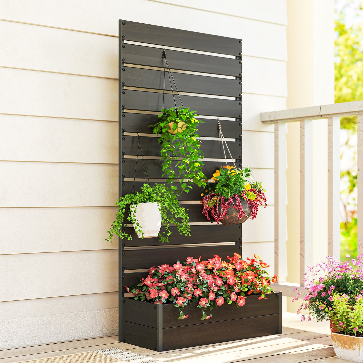 Raised Bed for Garden, Planter with Trellis for Climbing Plants, Vines, Planter Box with Drainage Gap, Black