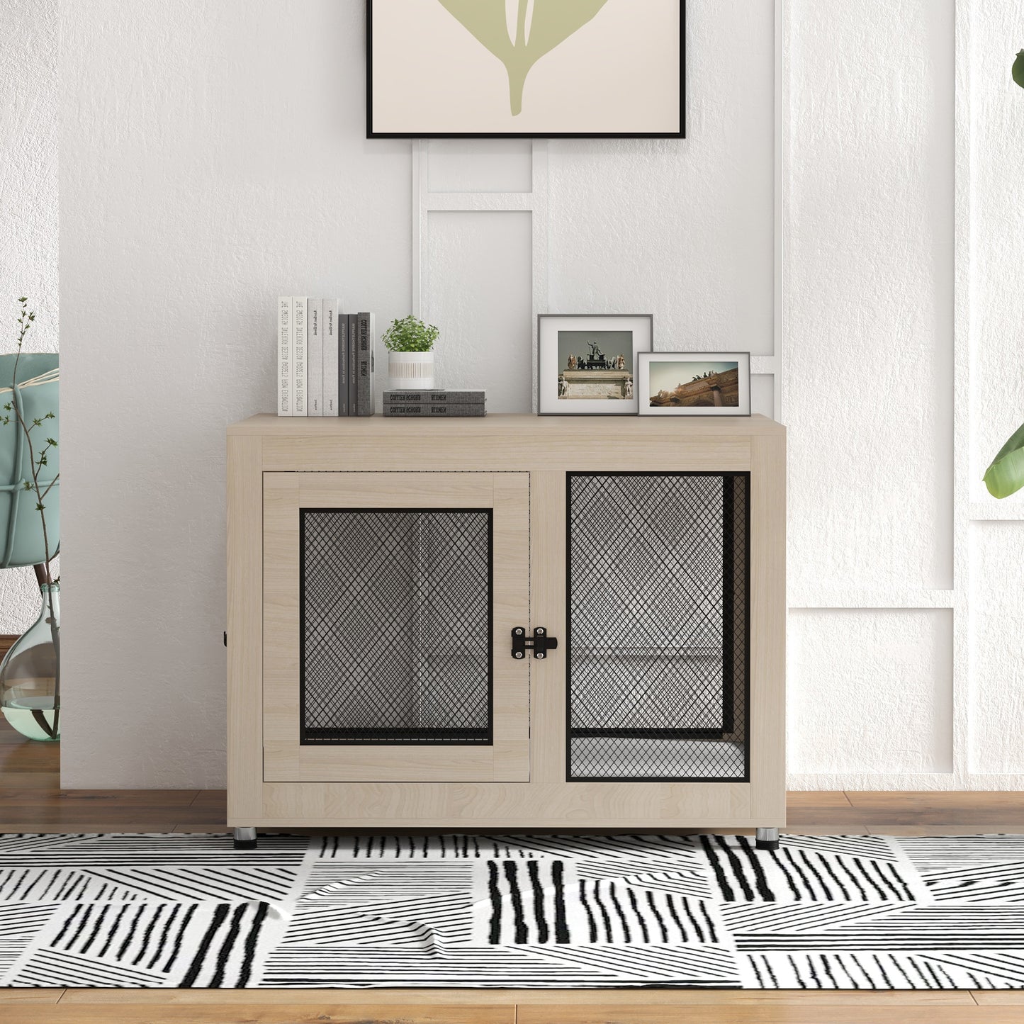 2-in-1 Dog Cage & Side Table, with Two Doors, Cushion, for Large Dogs