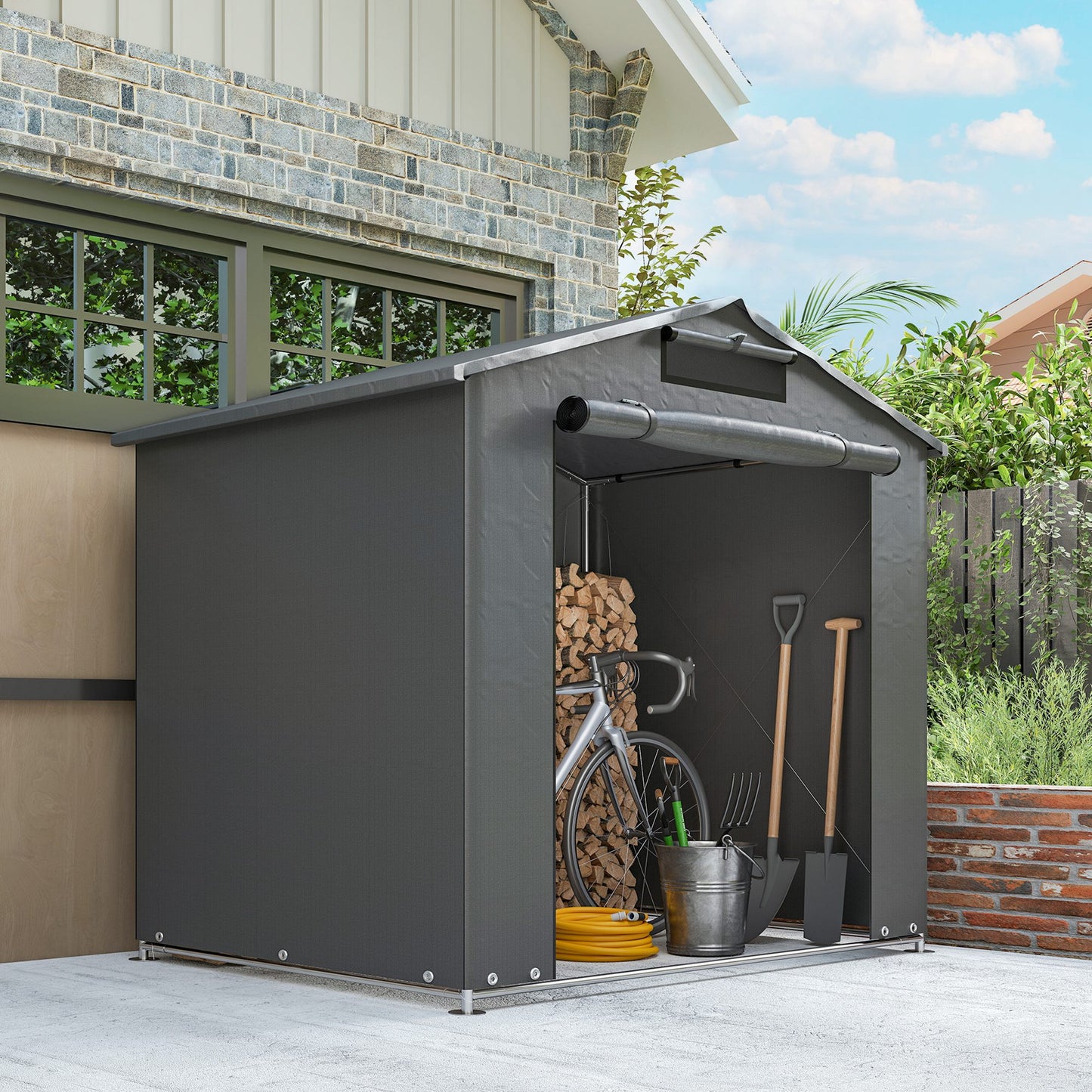 6 x 4 ft Outdoor Garden Storage Shed, Waterproof Bike Tent with Vent and Roll-Up Zipper Door
