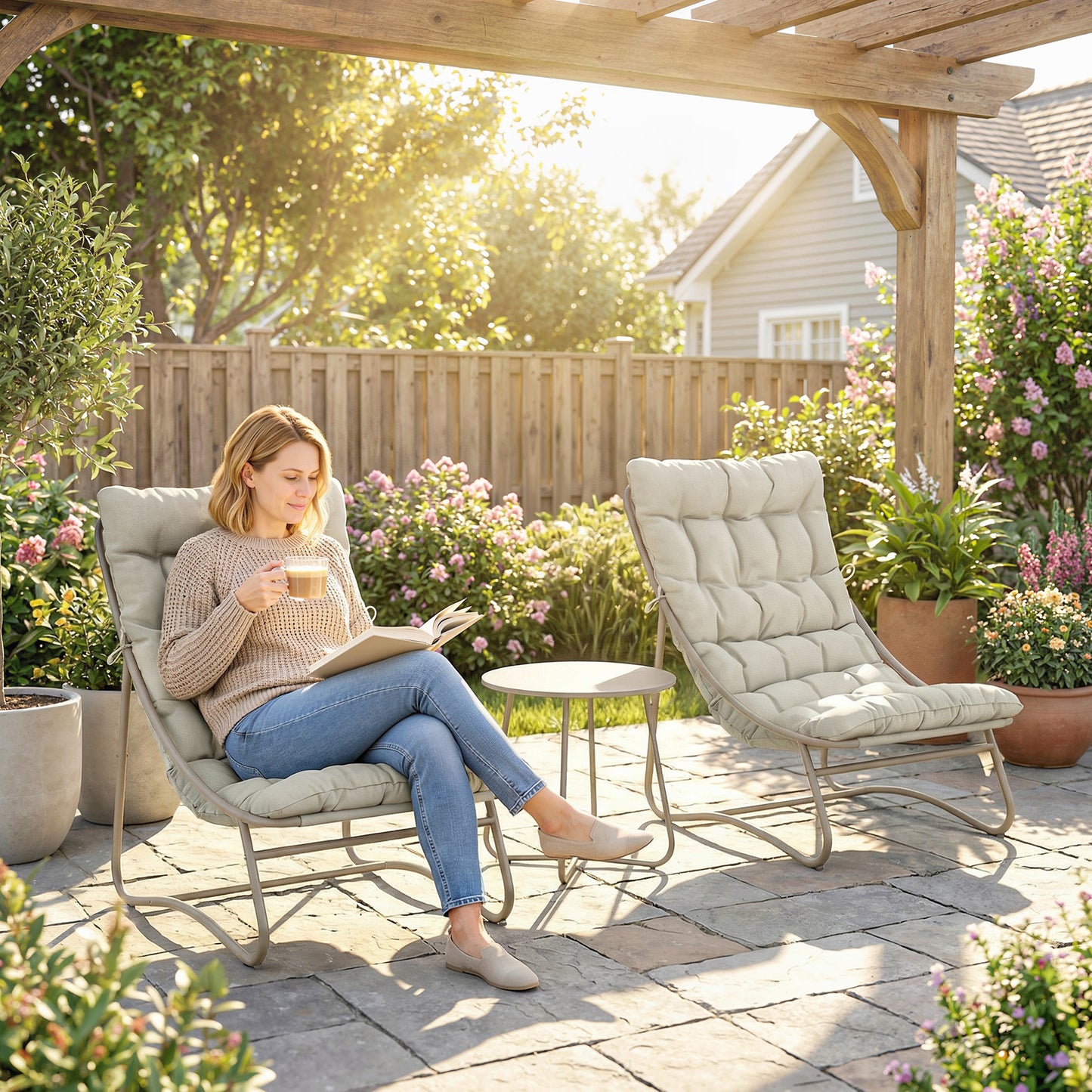 3 Piece Garden Bistro Set, Round Outdoor Bistro Table and Chairs Set for 2 with Texteline Seat and Cushions, Light Grey