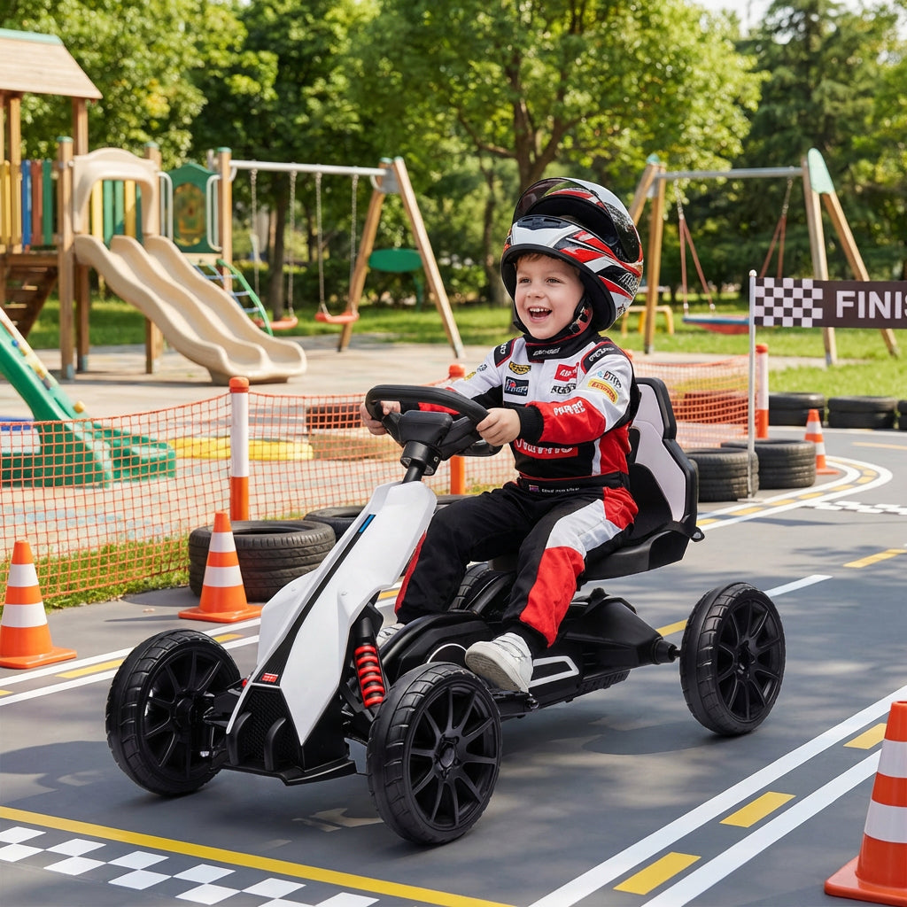 12V Electric Go-Kart for Kids, Ride-On Racing Go-Kart, with Forward and Reversing Functions, for Ages 3-8 Years - White
