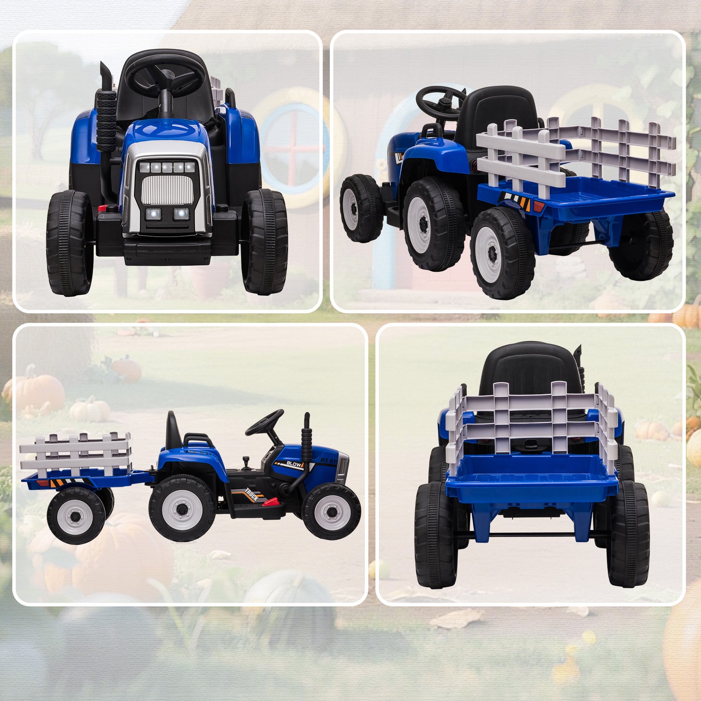Ride On Tractor, Battery Powered Electric Car, with Detachable Trailer, Remote Control, Music, Blue