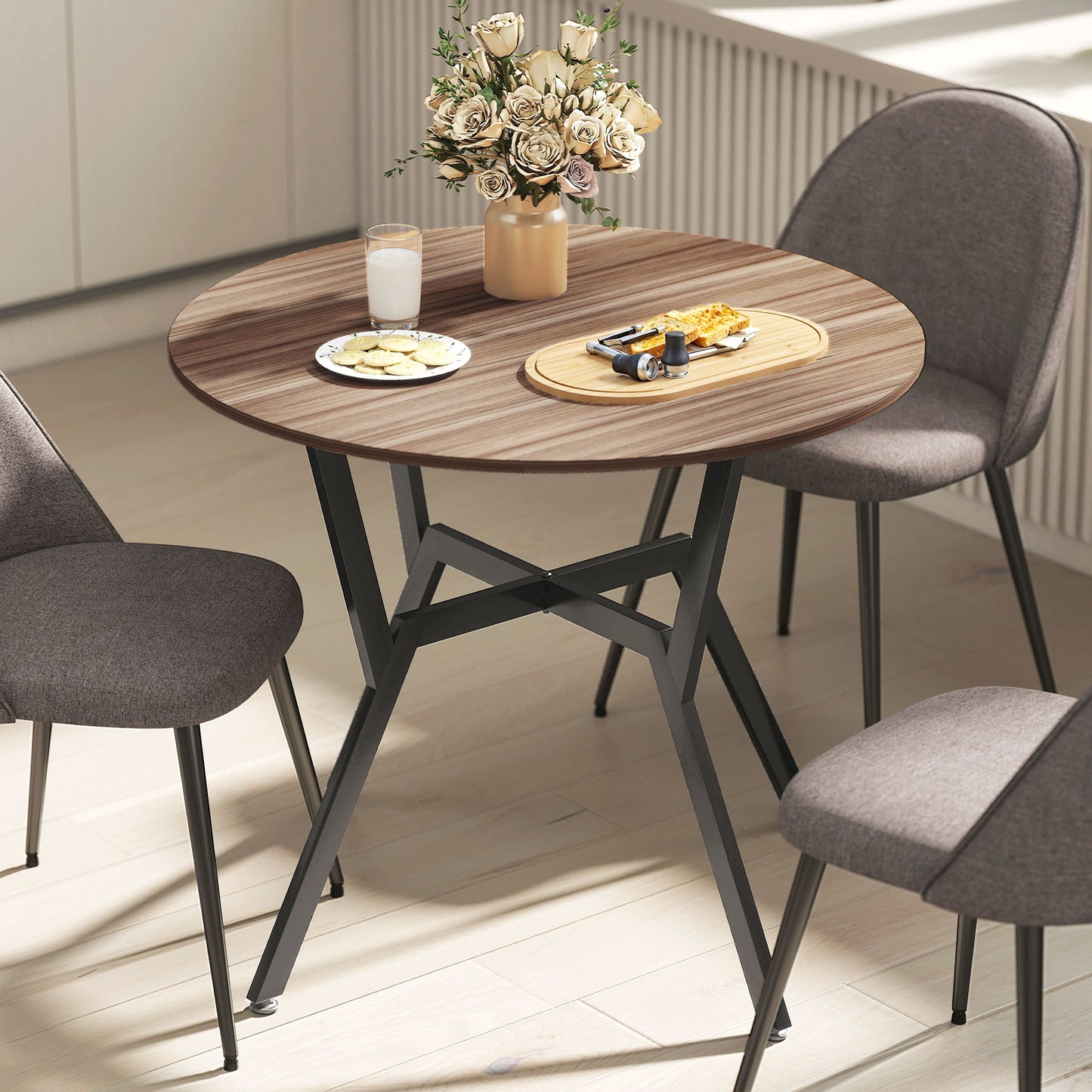 Dining Table, Round Kitchen Table with Black Legs, Anti-slip Foot Pads for Living Room, Dining Room 90 x 76 cm, Brown