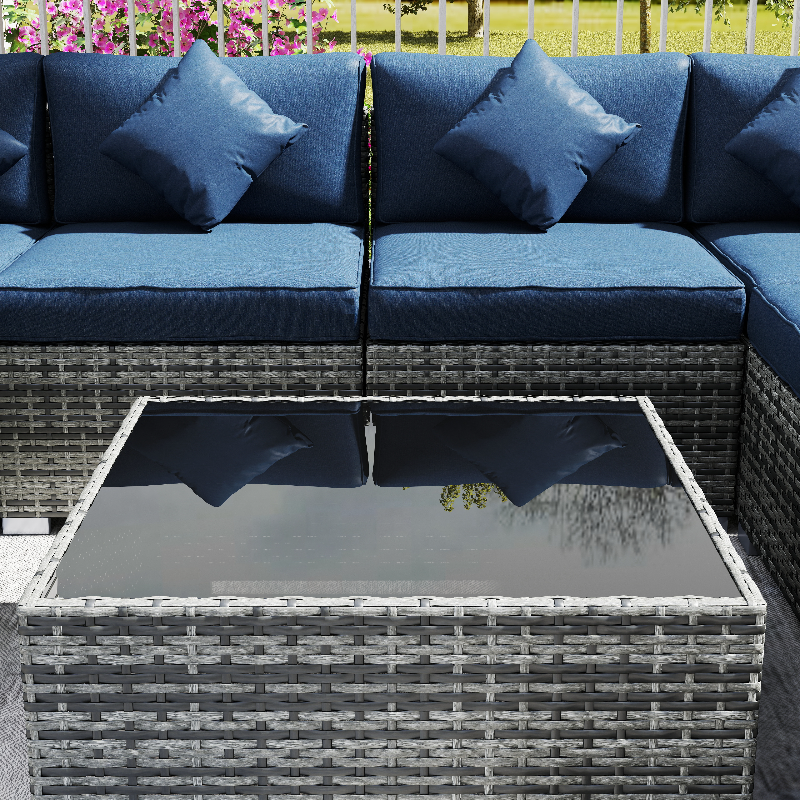 8 Pieces PE Rattan Corner Sofa Set, Outdoor Garden Furniture Set, Patio Wicker Sofa Seater with Cushion, Dark Blue