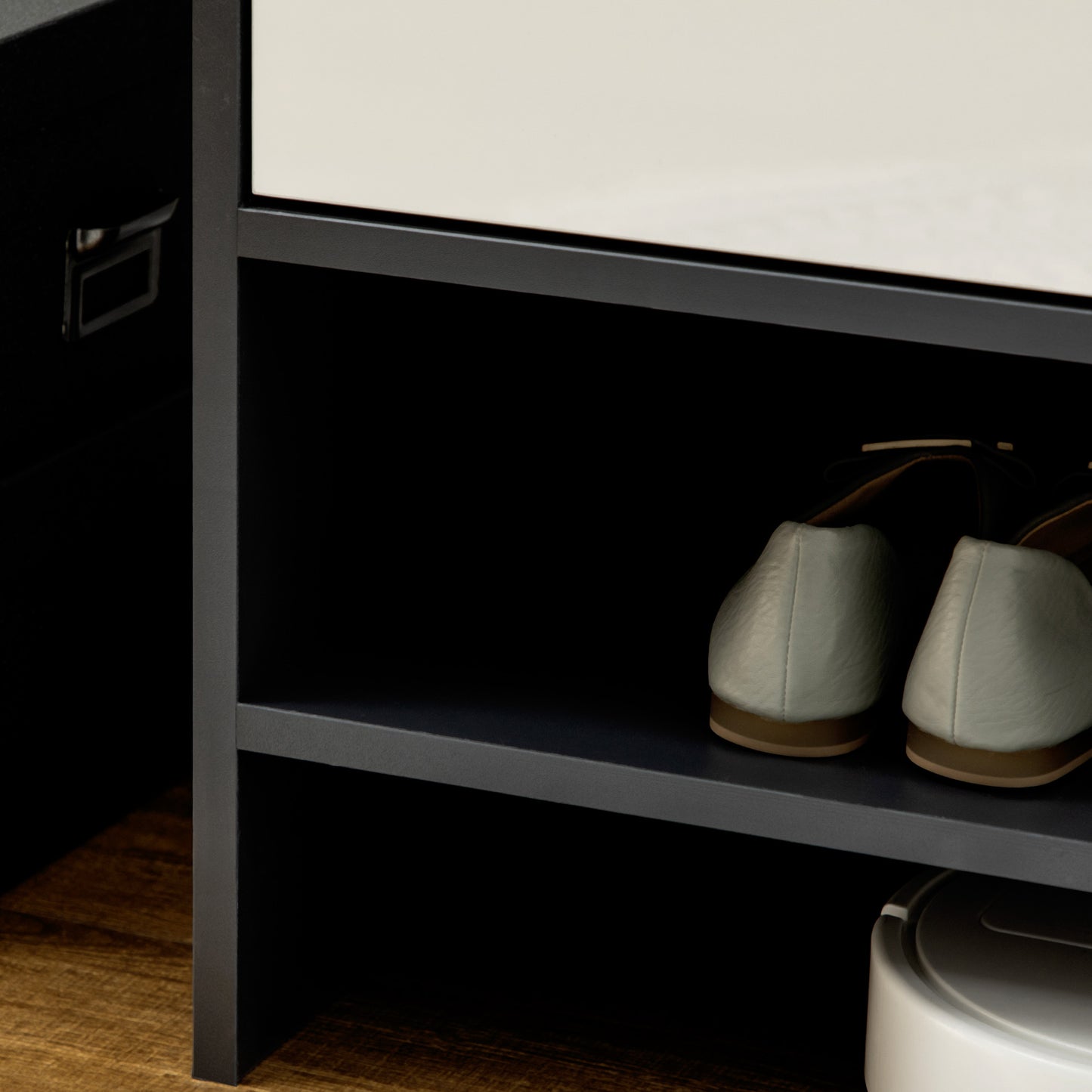 High Gloss Shoe Cabinet with White Doors and Open Shelves, Hallway Shoe Cupboard Storage Organiser for 15 Pairs of Shoes