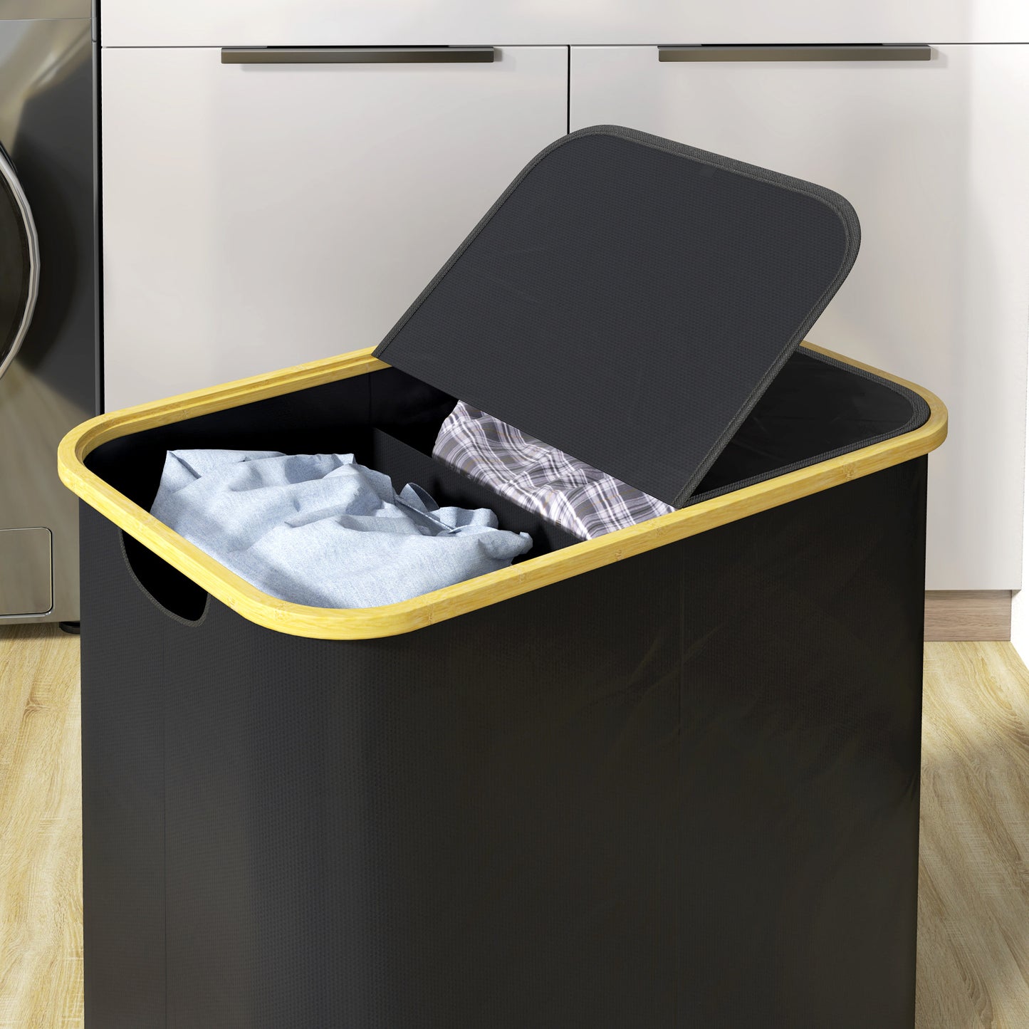 Double Laundry Basket With Lid, 80L Collapsible Laundry Hamper with Groove Handles, Washing Basket for Bathroom, Bedroom