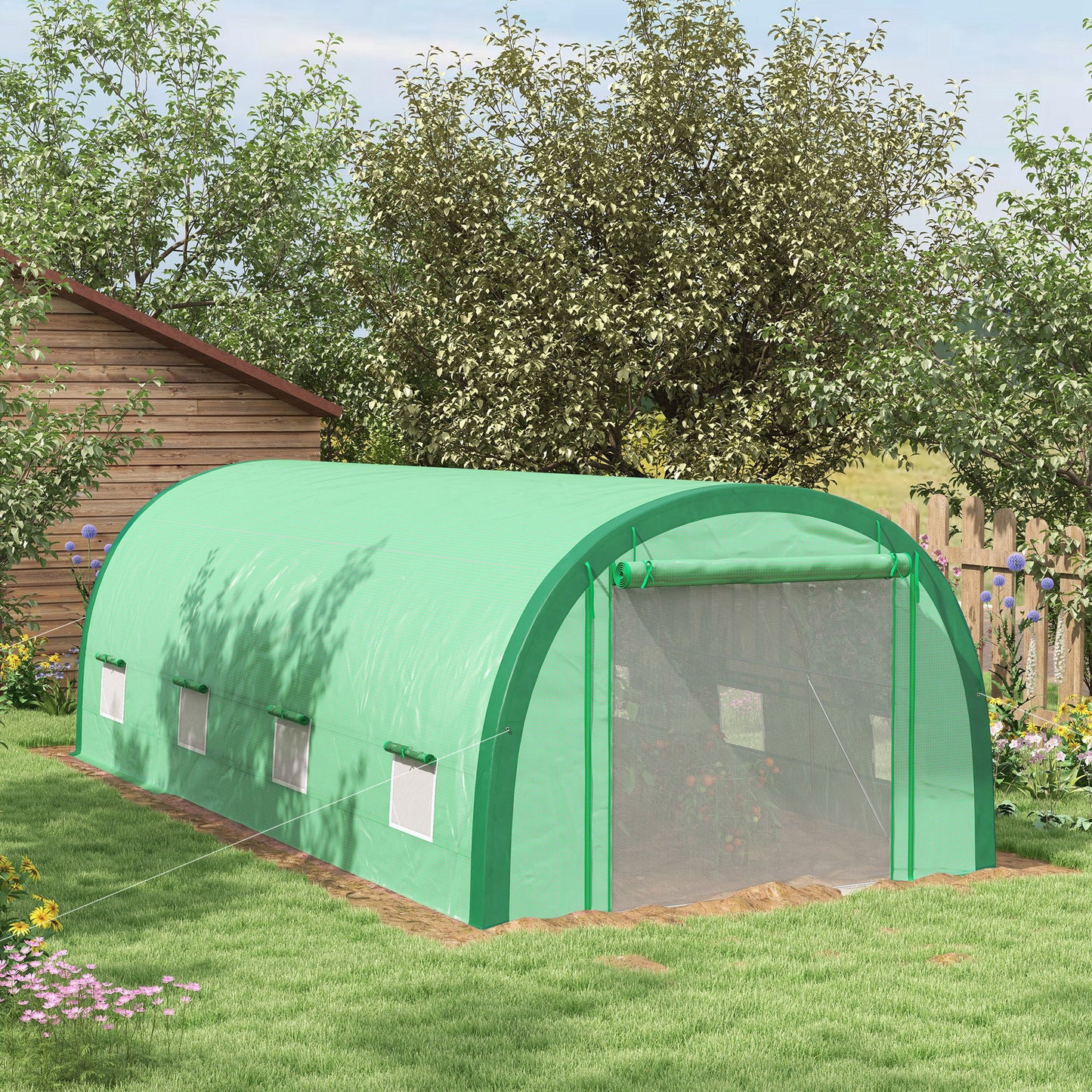 6 x 3(m) Polytunnel Greenhouse with Upgraded Structure, Mesh Door and Windows, 15 Plant Labels, Green