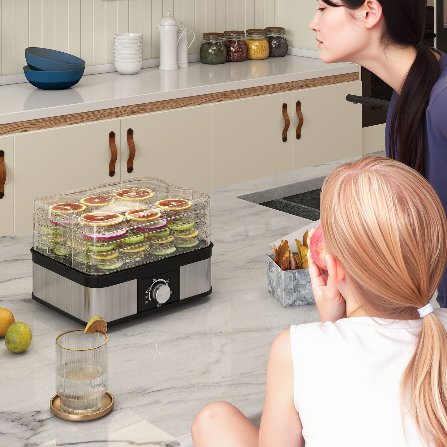 5 Tier Food Dehydrator, 245W Stainless Steel Food Dryer Machine with Adjustable Temperature for Drying Fruit, Meat