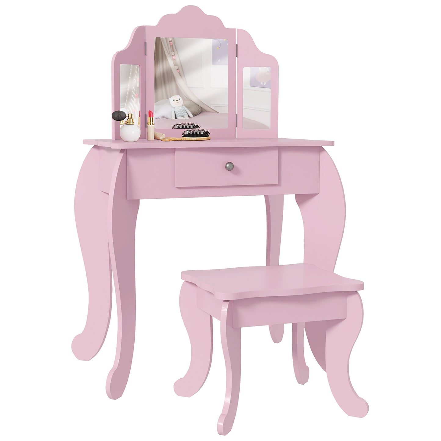 Kids Vanity Table and Chair Set with Tri-Folding Mirror and Stool, Makeup Dressing Table with Drawer, Pink