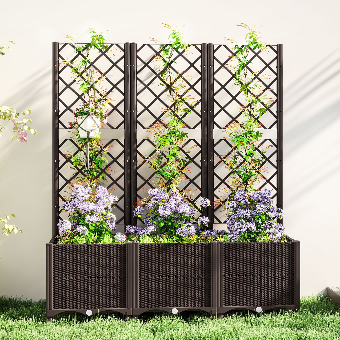 Raised Garden Bed with Trellis, Plastic Planter Box with Drainage Holes
