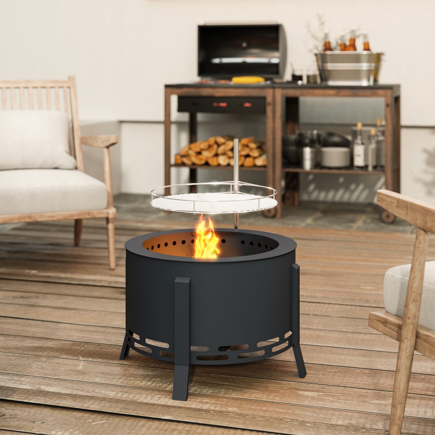 Portable Fire Pit, 58 cm Round Firepit with Grill Grate, Fire Bowl with Ash Catcher and Poker