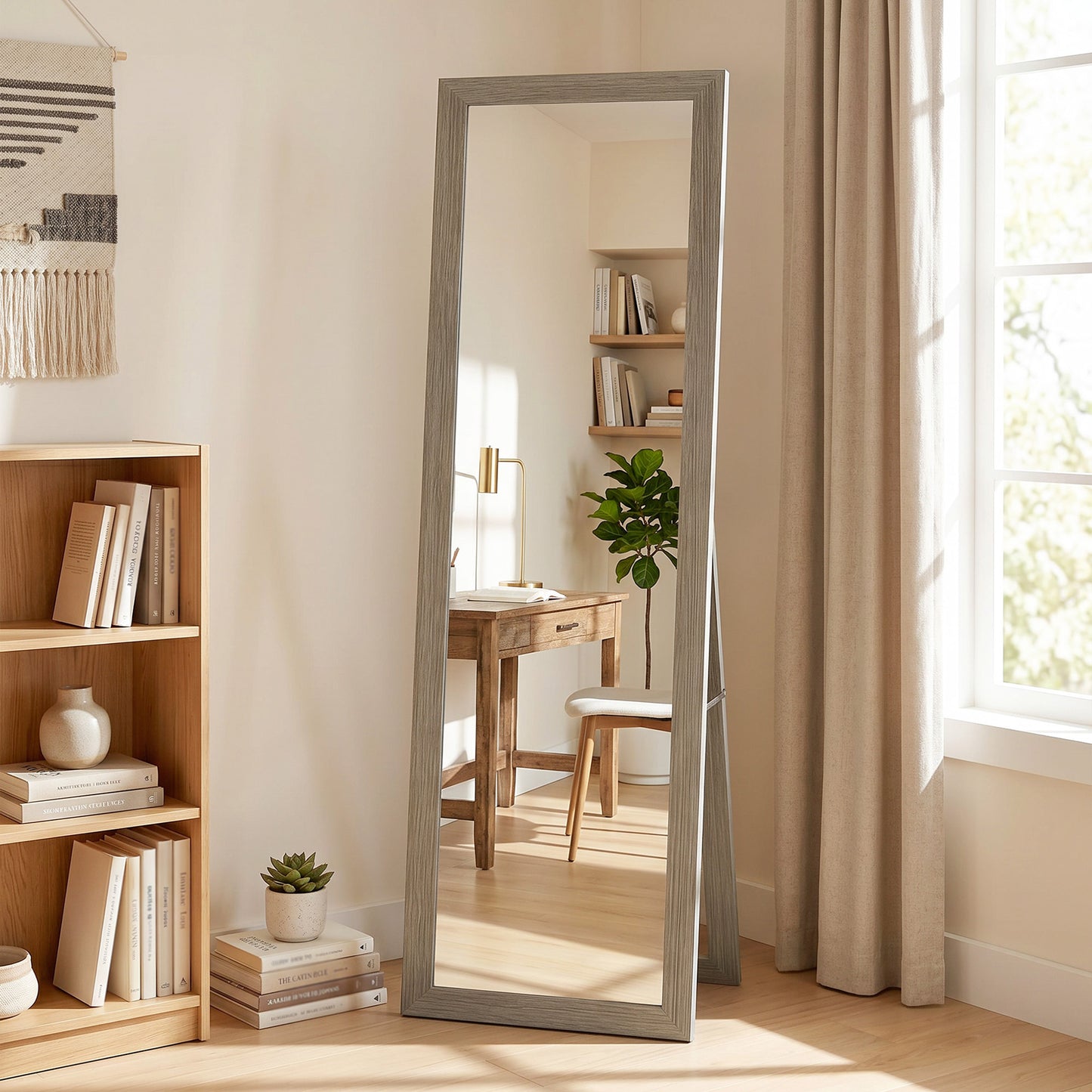 Full Length Mirror, 37 x 157 cm, Hanging or Freestanding, Rectangular Full Body Mirror for Living Room, Bedroom, Grey